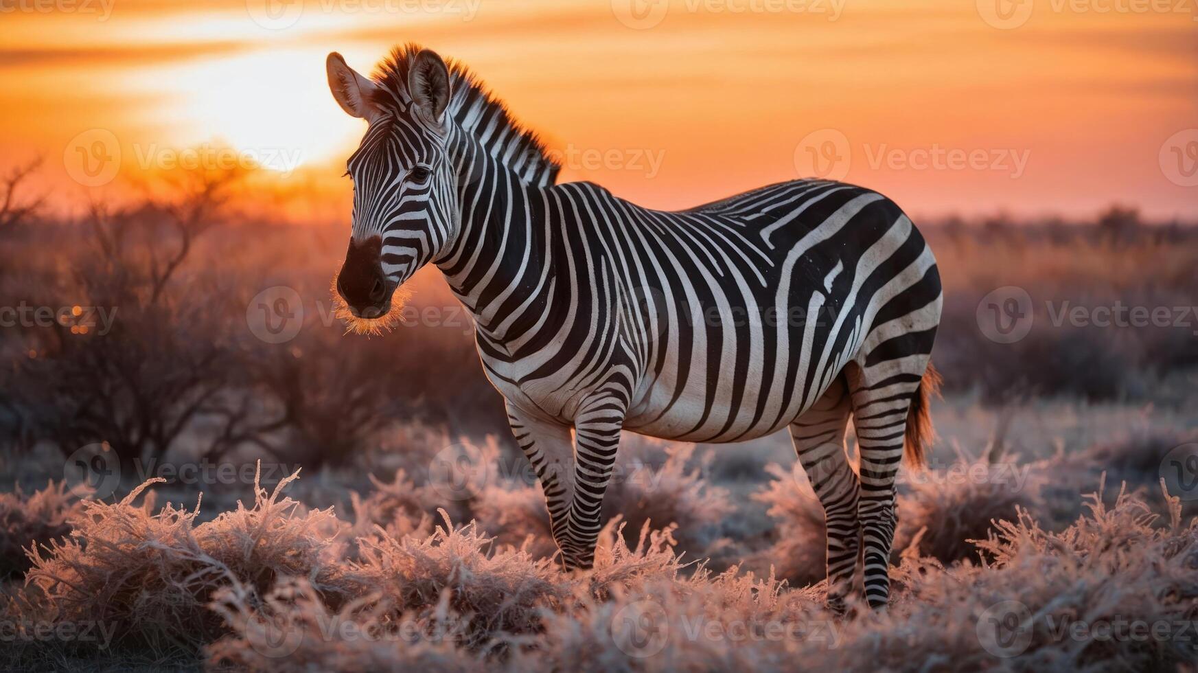 A zebra stands in a frost-covered landscape during sunset, showcasing its striking stripes. photo