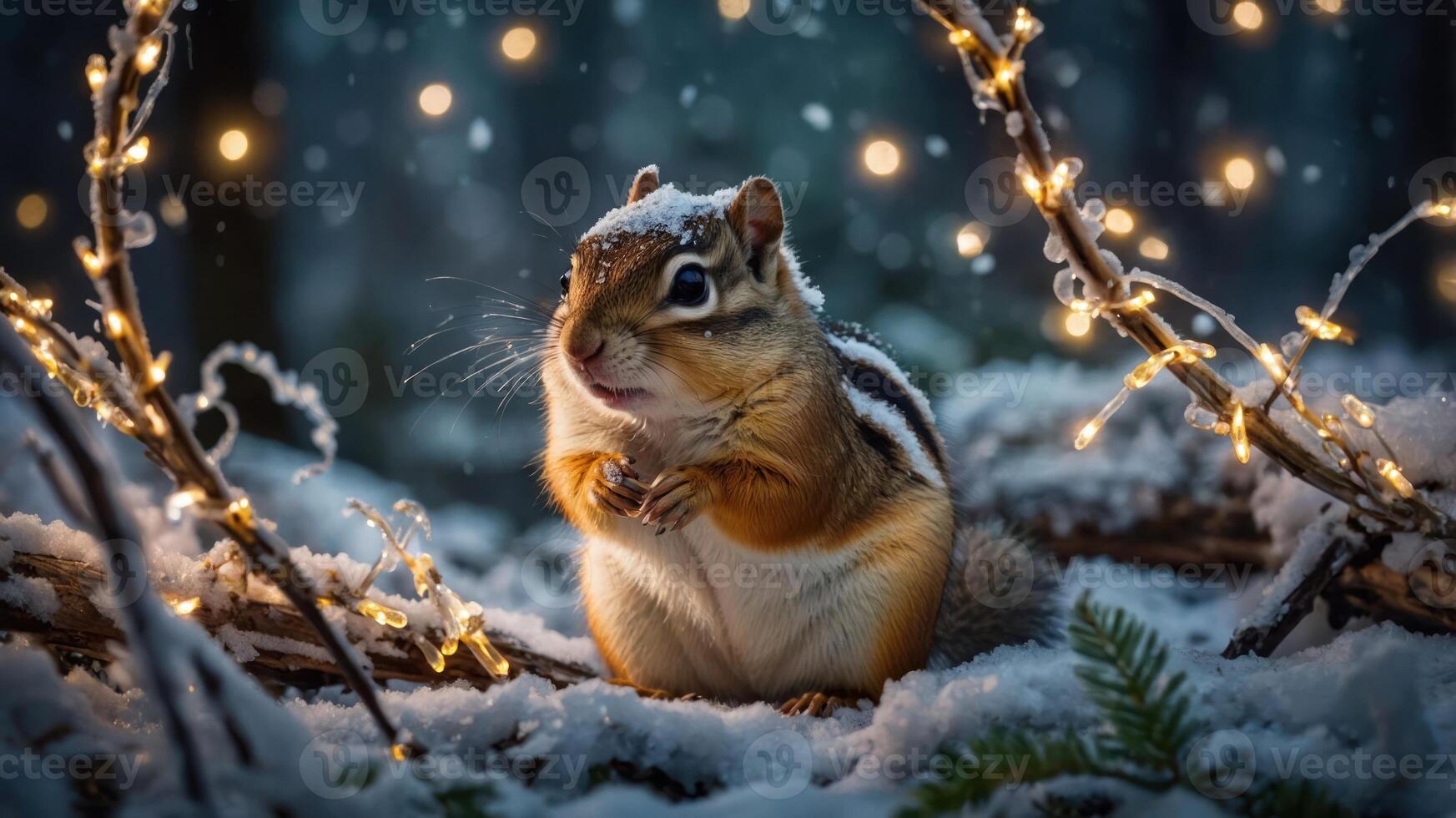 A chipmunk sits in a snowy forest surrounded by glowing lights, creating a magical winter scene. photo