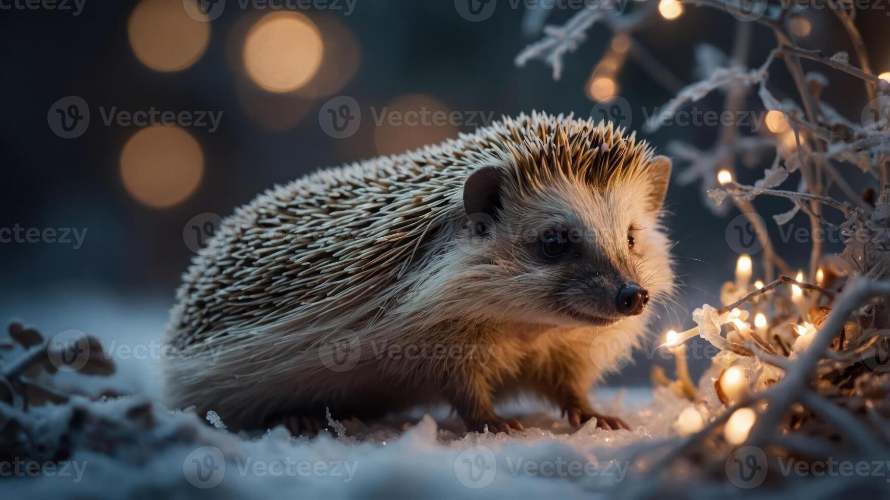 A hedgehog amidst soft snow and glowing lights, creating a cozy winter scene. photo