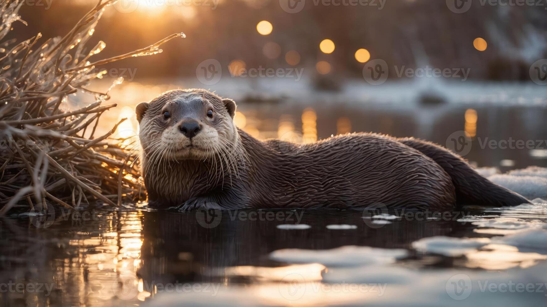 A playful otter swims in a serene setting during sunset, highlighting nature's beauty. photo