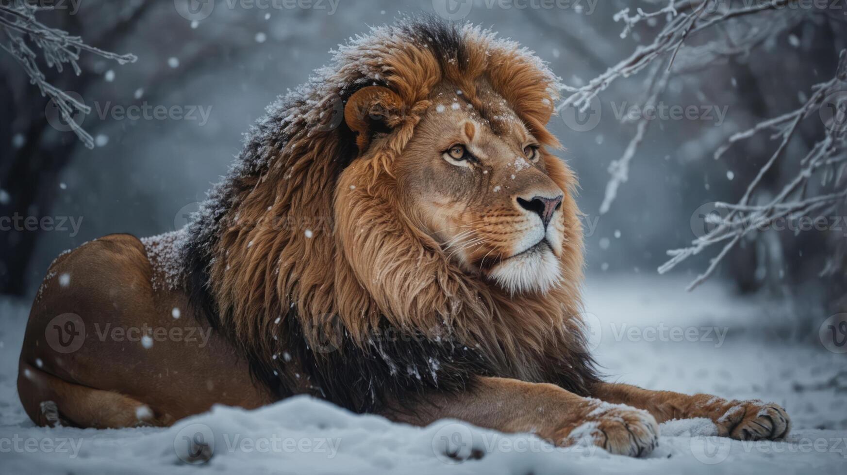 A majestic lion resting in a snowy landscape, evoking a serene winter atmosphere. photo