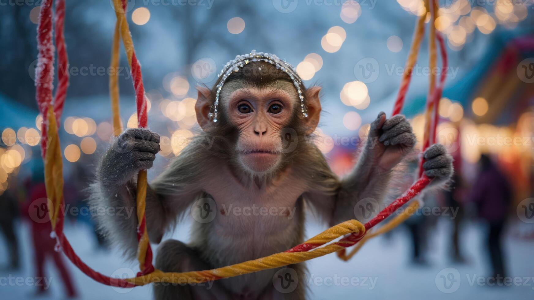A young monkey swings on a colorful rope amidst a festive, snowy environment. photo