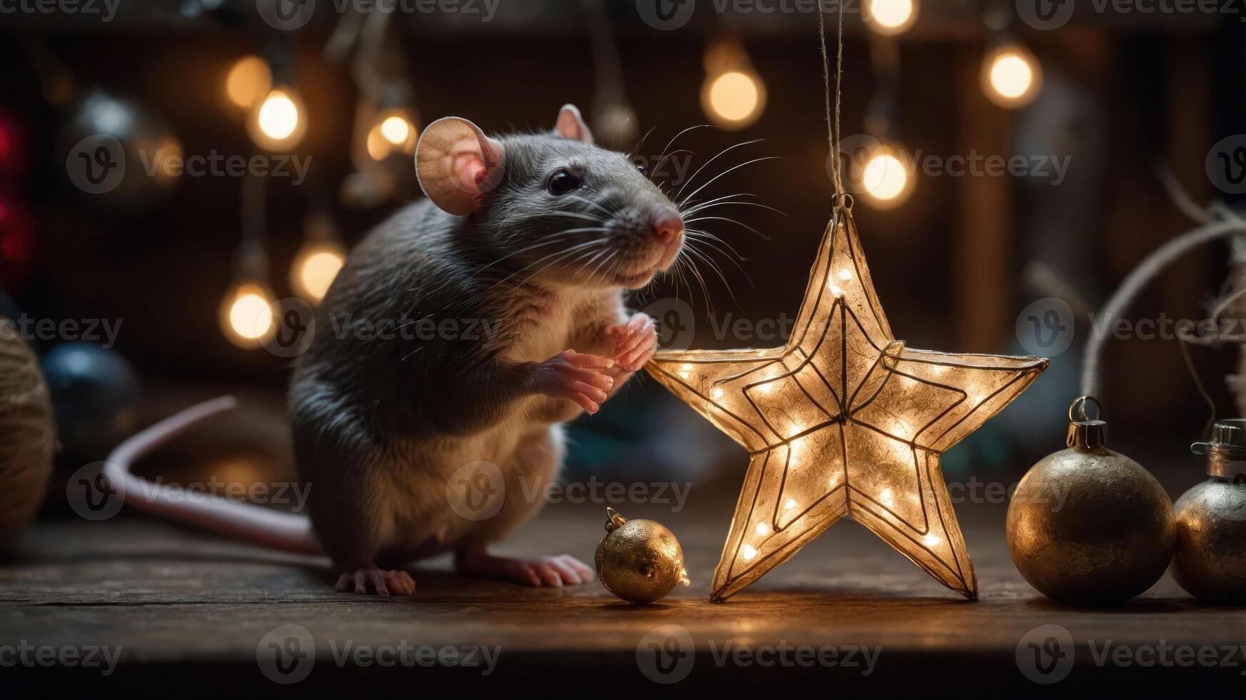 A cute rat beside a glowing star decoration and ornaments, creating a festive atmosphere. photo
