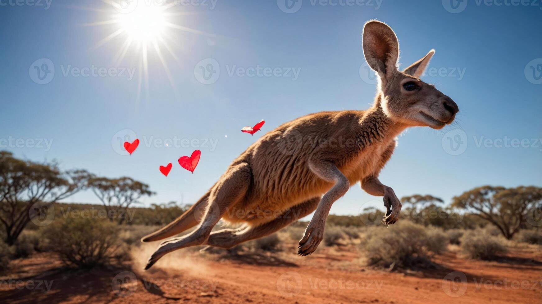 A kangaroo jumps in a sunny landscape, surrounded by hearts, conveying joy and affection. photo