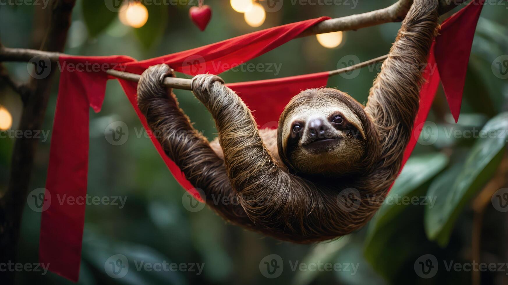 A sloth hangs playfully on a branch adorned with red ribbons in a lush, green environment. photo
