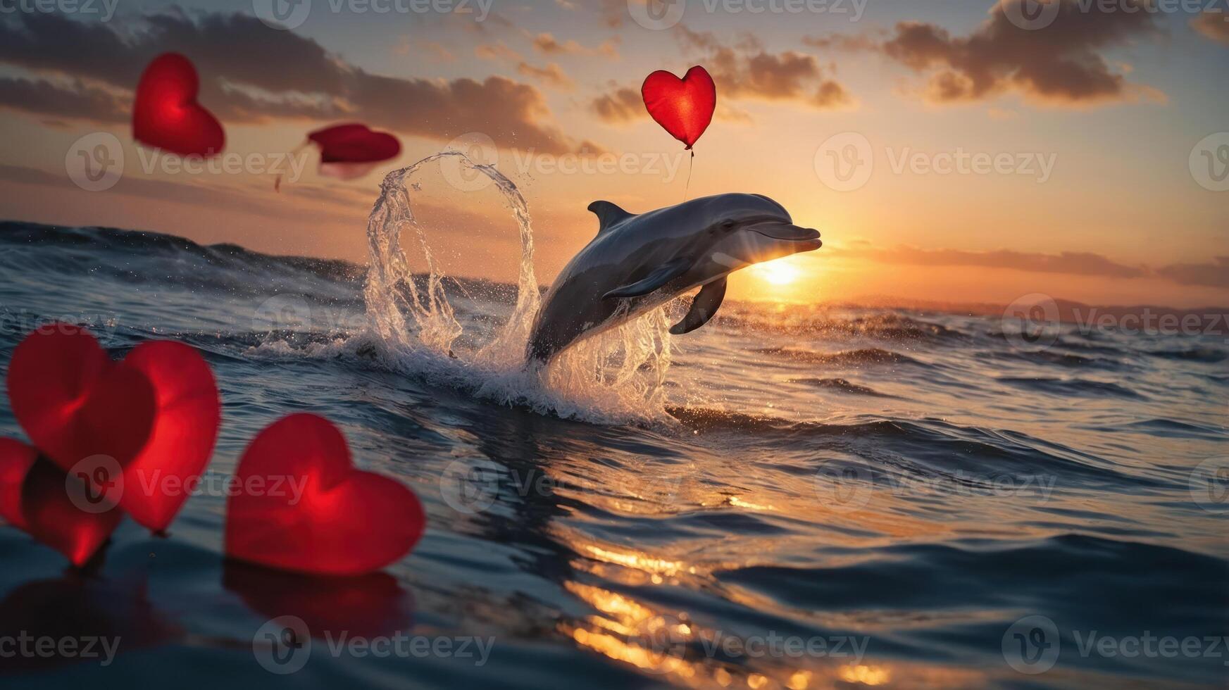 A playful dolphin leaps from the ocean at sunset, surrounded by floating heart shapes. photo