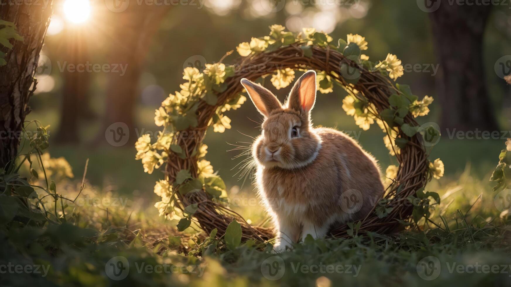 A rabbit sits in a floral wreath, illuminated by soft sunlight in a serene setting. photo