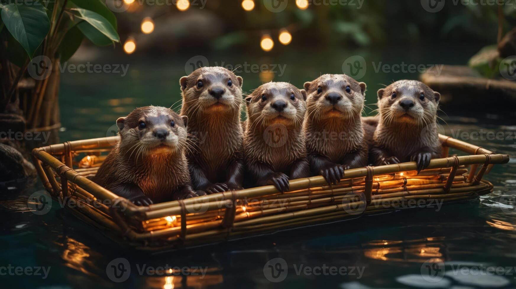 Five otters sitting together in a bamboo basket on a serene water surface with lights. photo