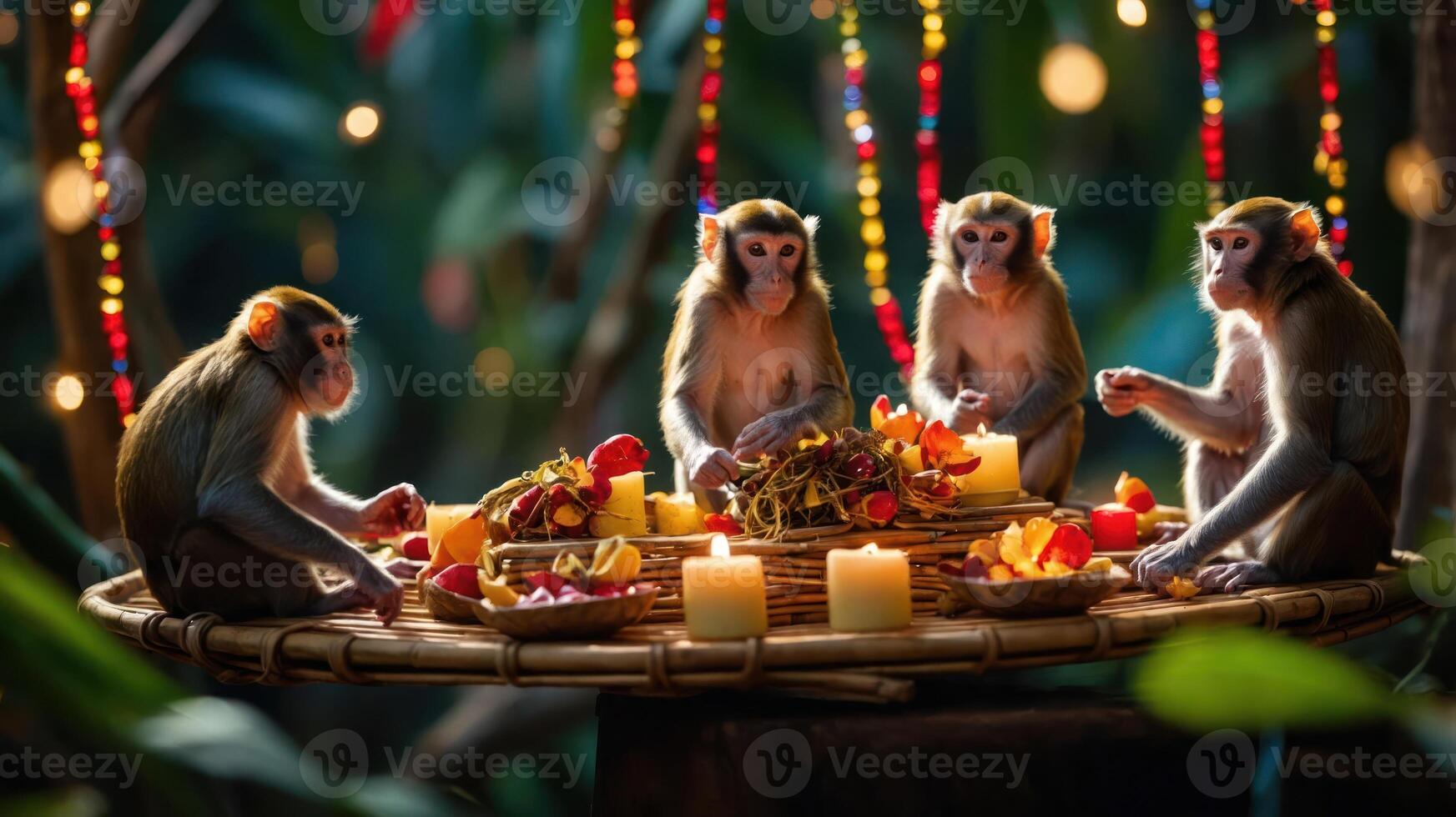 Four monkeys gather around a festive table filled with fruits and candles in a lush setting. photo