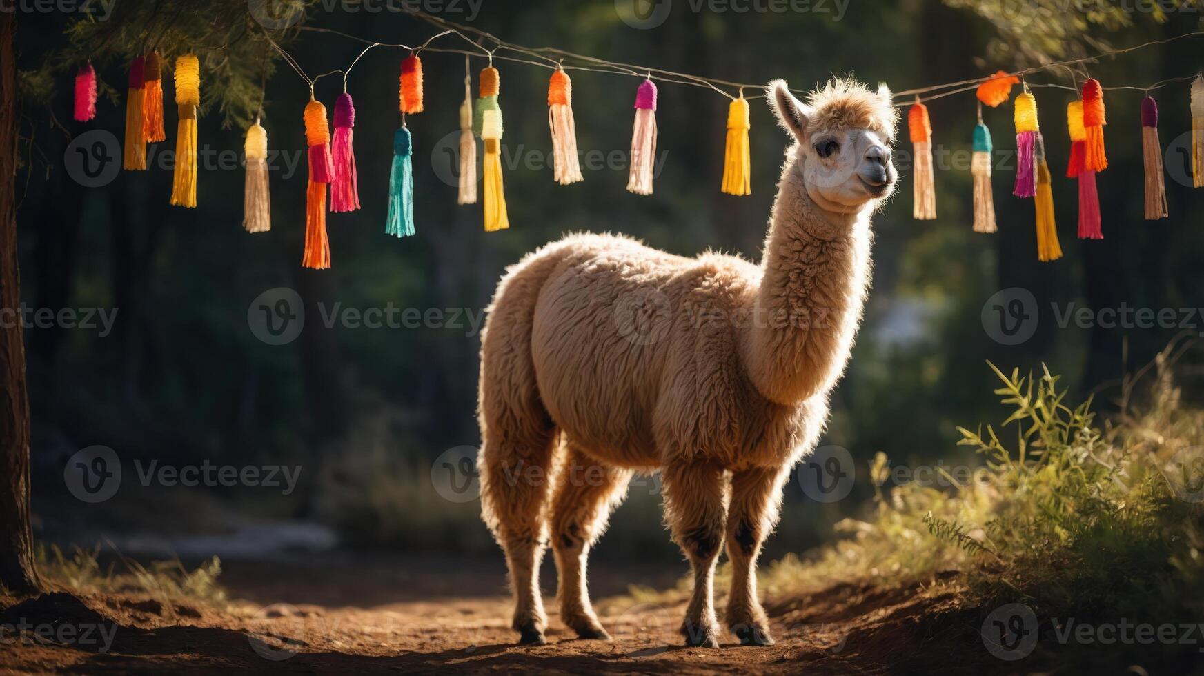 A llama stands in a sunlit forest adorned with colorful tassels. photo