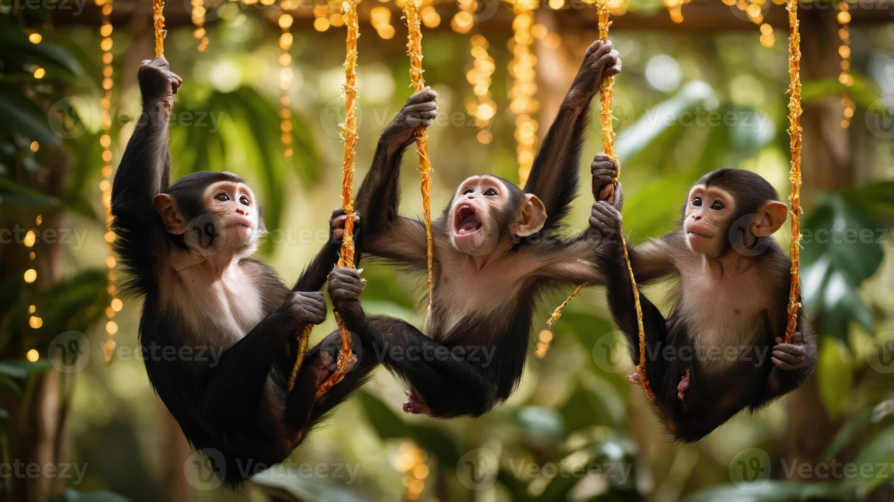 Three playful monkeys hanging on ropes, surrounded by lush greenery and soft lighting. photo