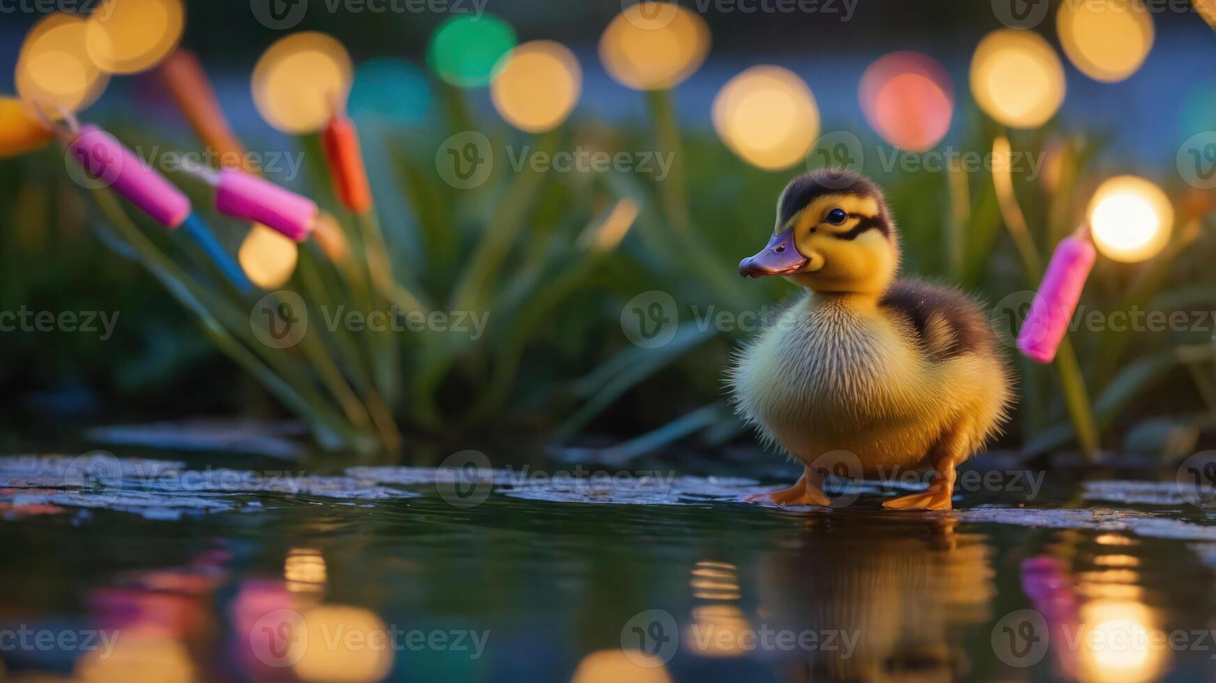 A duckling stands by a shimmering pond, surrounded by colorful lights. photo
