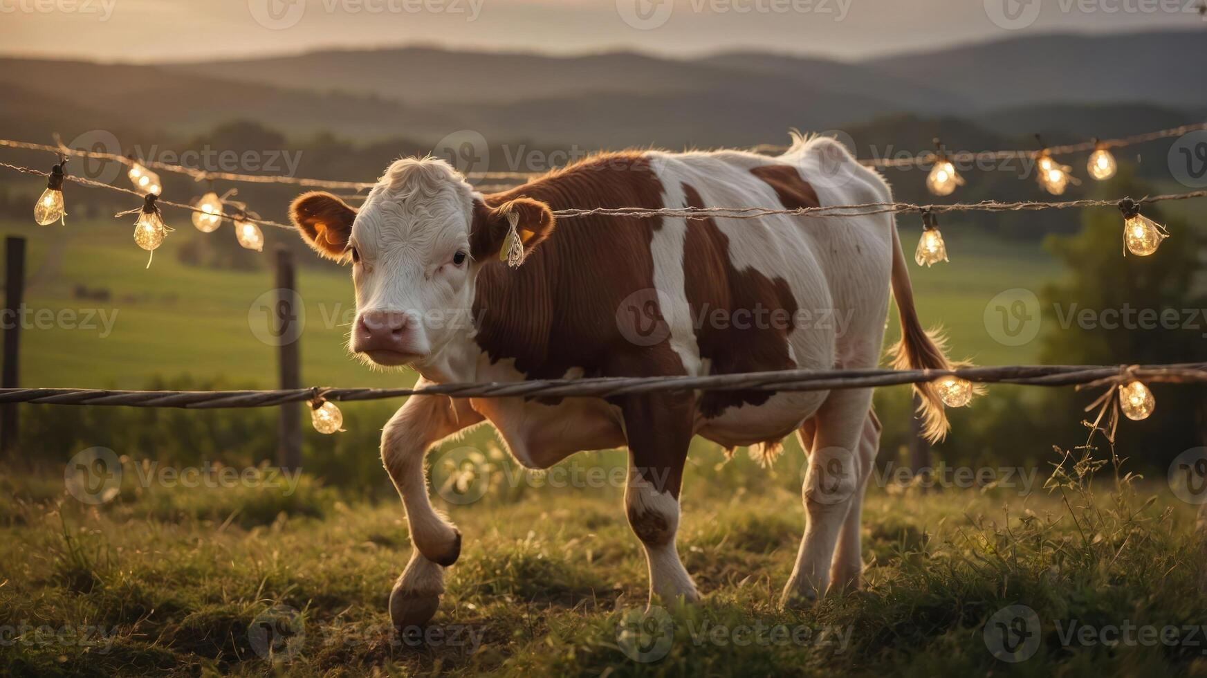 A cow stands in a field adorned with glowing lights, capturing a serene rural scene. photo