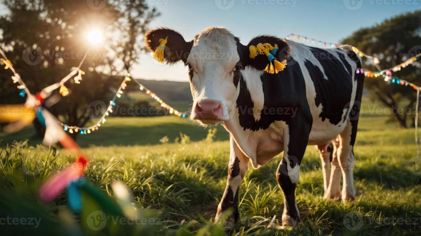 A cow stands in a sunny field decorated with colorful lights. photo
