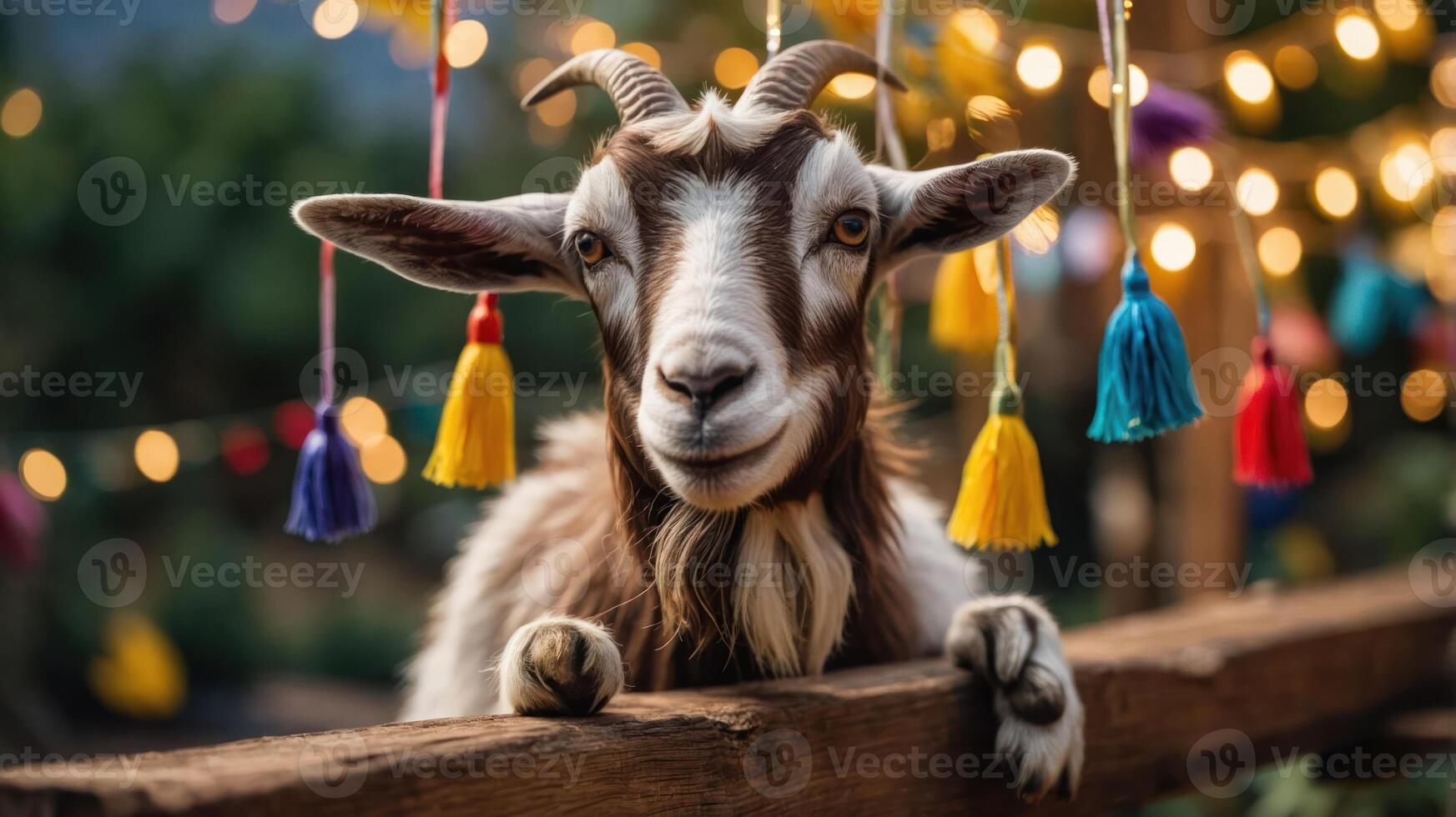 A friendly goat with colorful tassels in the background, creating a festive atmosphere. photo