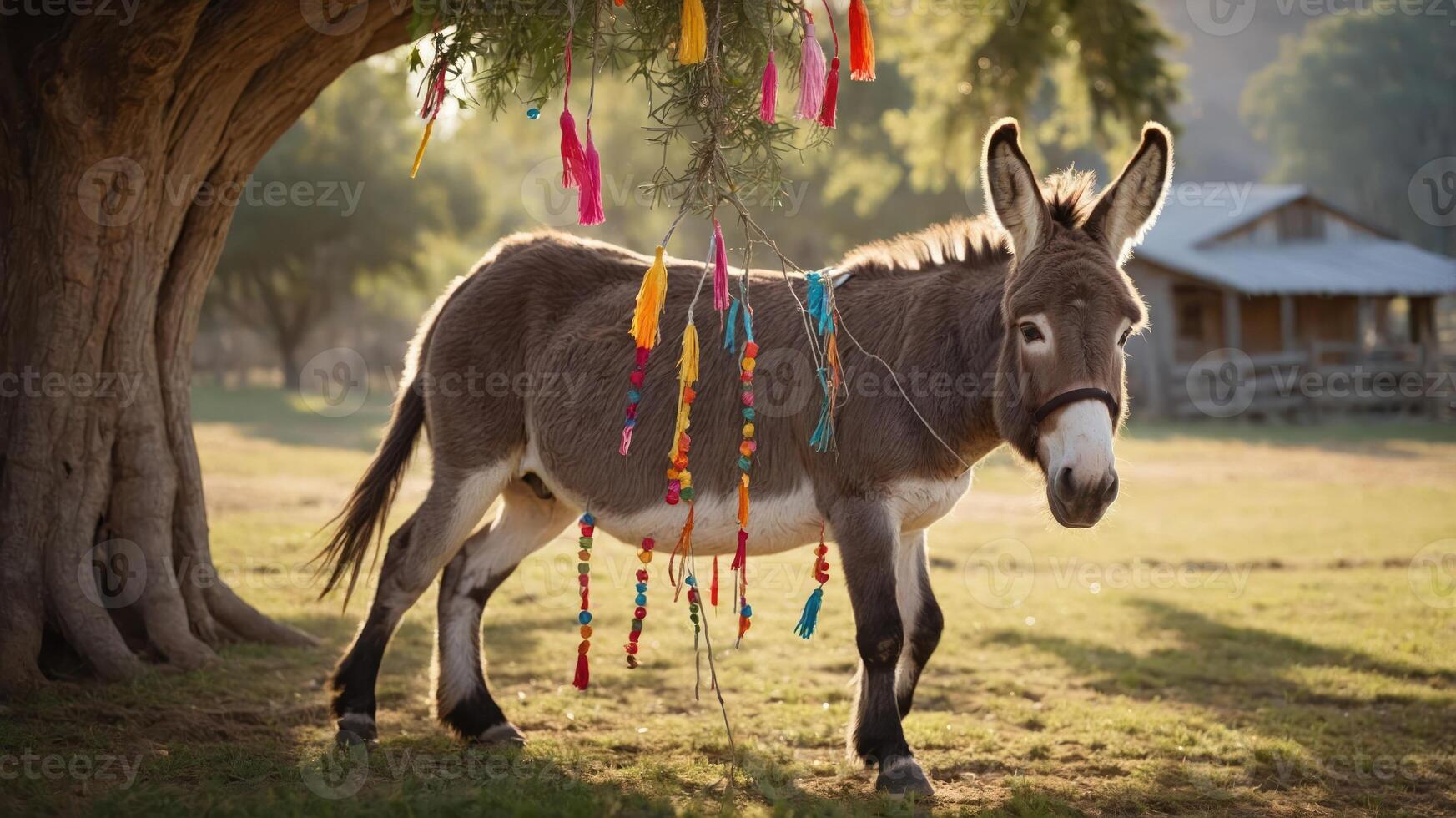 A donkey adorned with colorful decorations stands under a tree in a serene landscape. photo