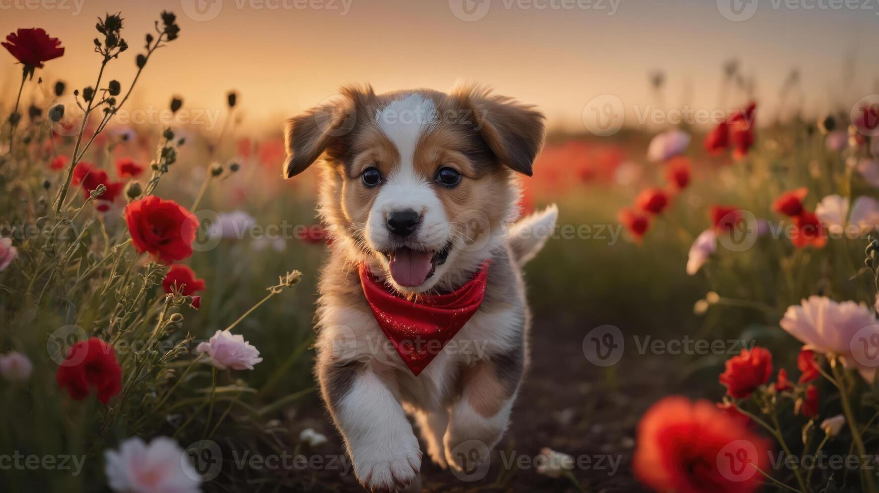 A playful puppy runs through a vibrant flower field at sunset, exuding joy and energy. photo