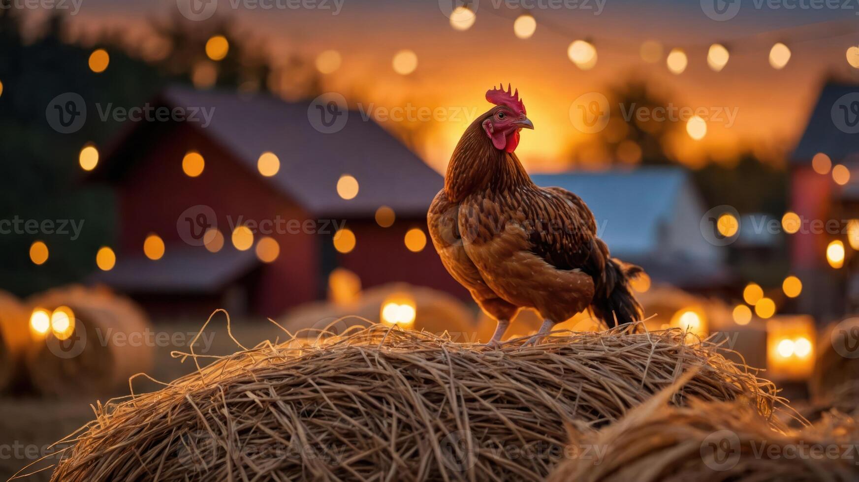 A rooster stands on a hay bale at sunset, surrounded by glowing lights and a farm backdrop. photo