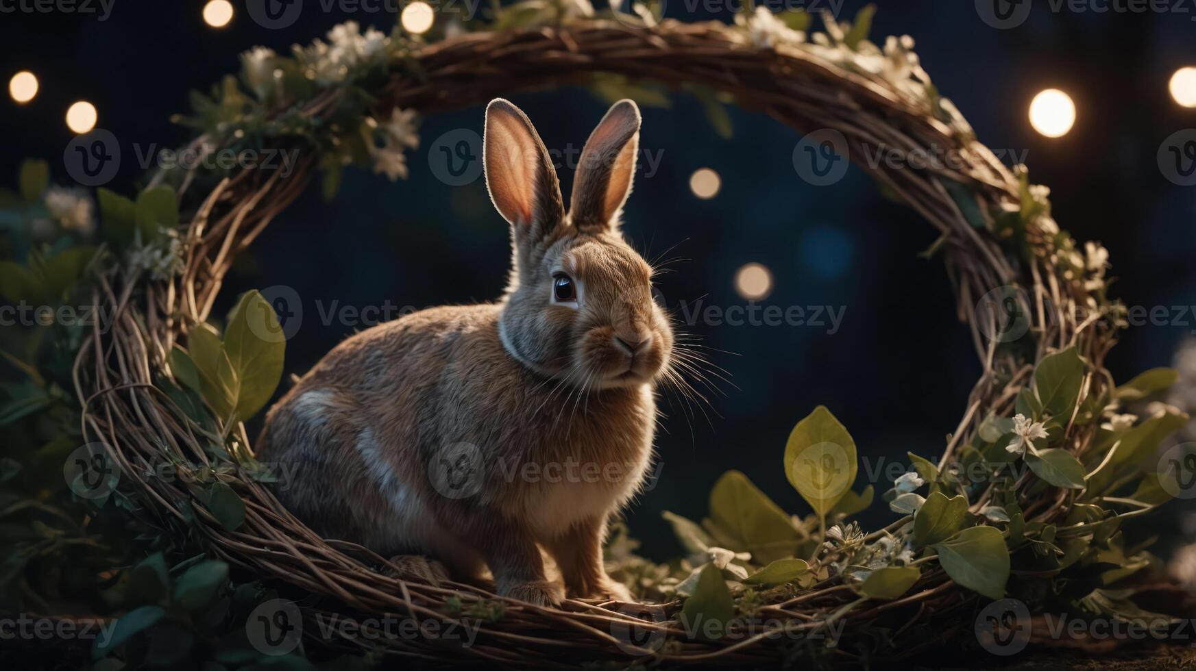 A rabbit sits gracefully in a floral wreath, surrounded by soft, glowing lights. photo