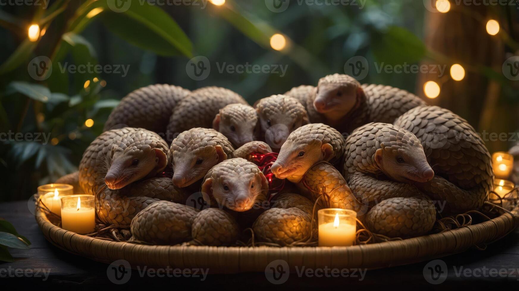 A serene gathering of pangolins resting in a basket surrounded by soft candlelight. photo