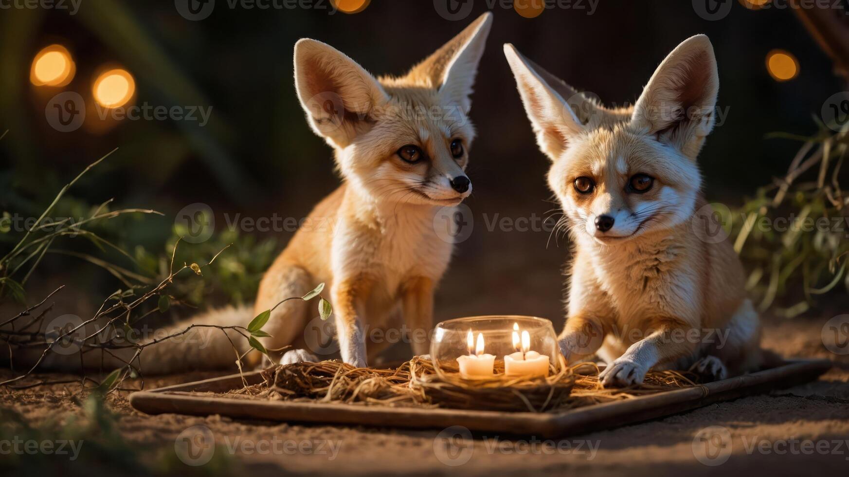 Two foxes sitting beside candles on a tray in a serene setting. photo