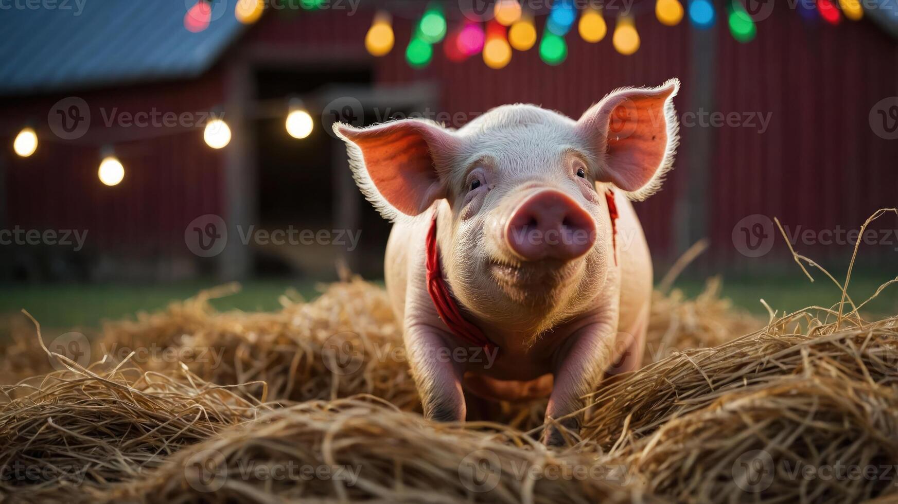 A playful pig in a festive barn setting surrounded by colorful lights and hay. photo