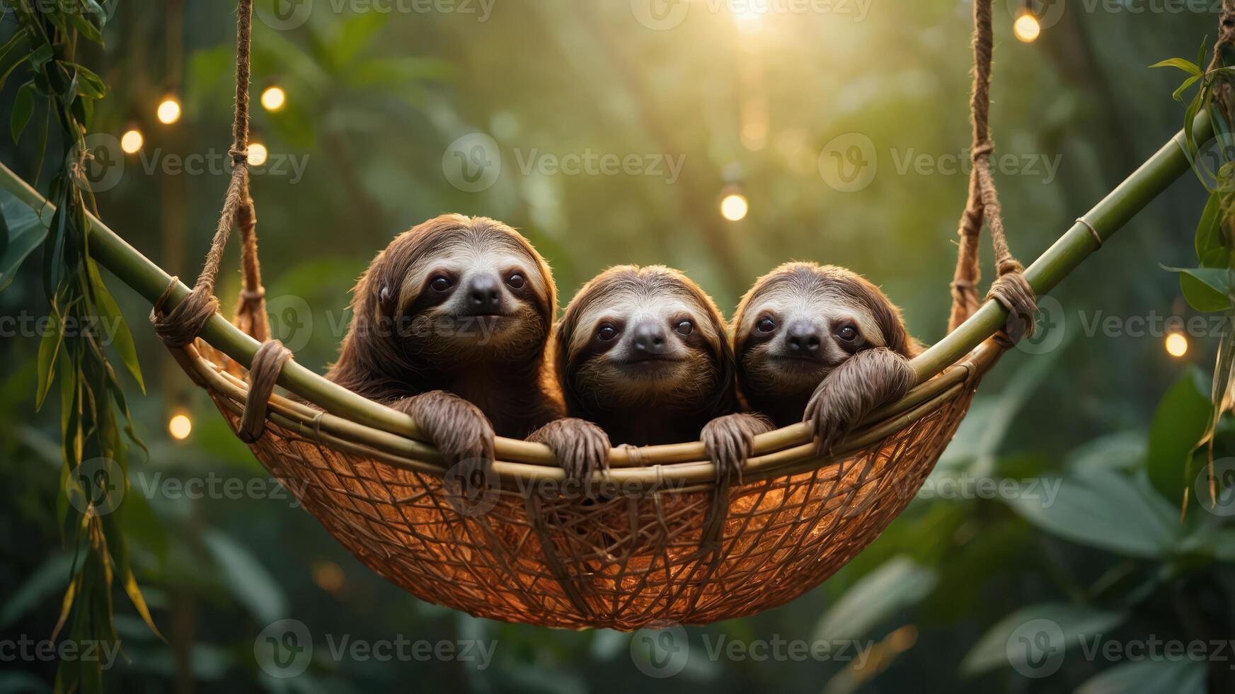Three sloths relaxing in a woven hammock surrounded by greenery and soft lighting. photo