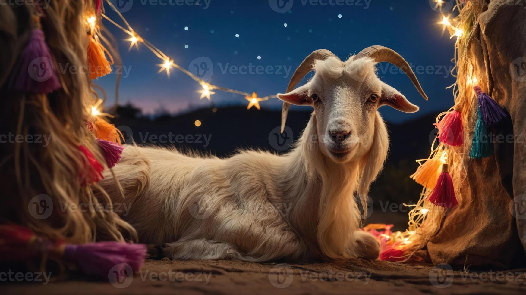A serene goat resting under twinkling lights and vibrant tassels at twilight. photo