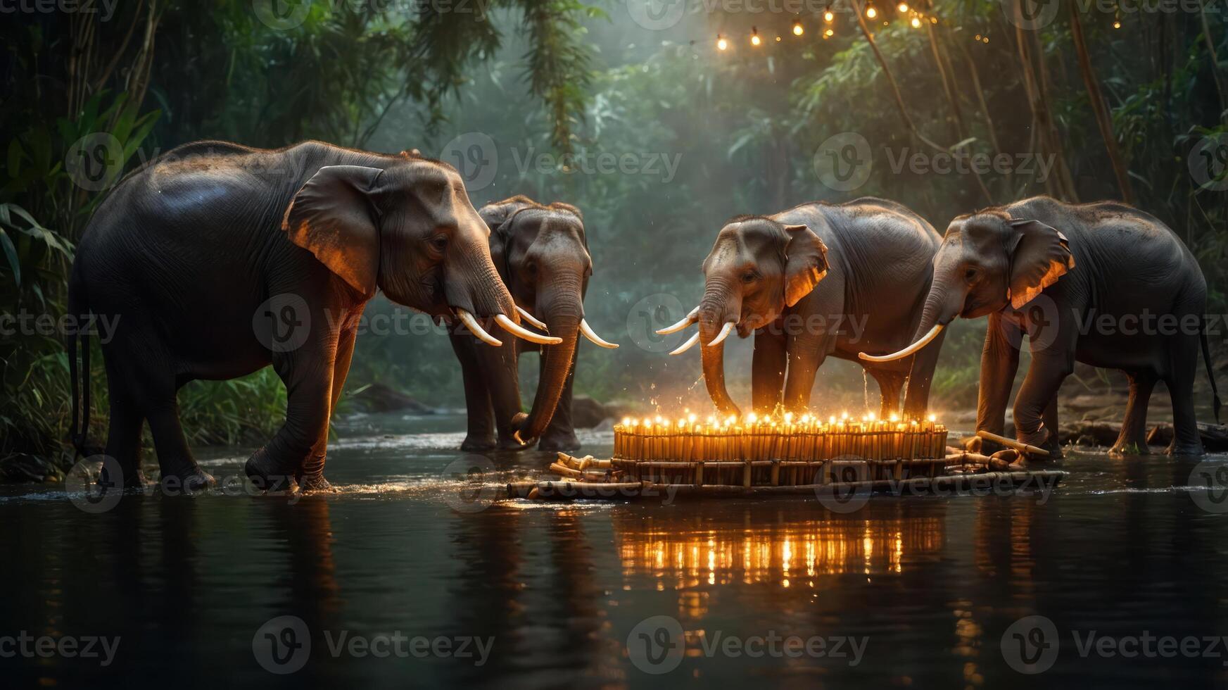 Elephants gathered by a river with candles on a raft in a serene jungle setting. photo