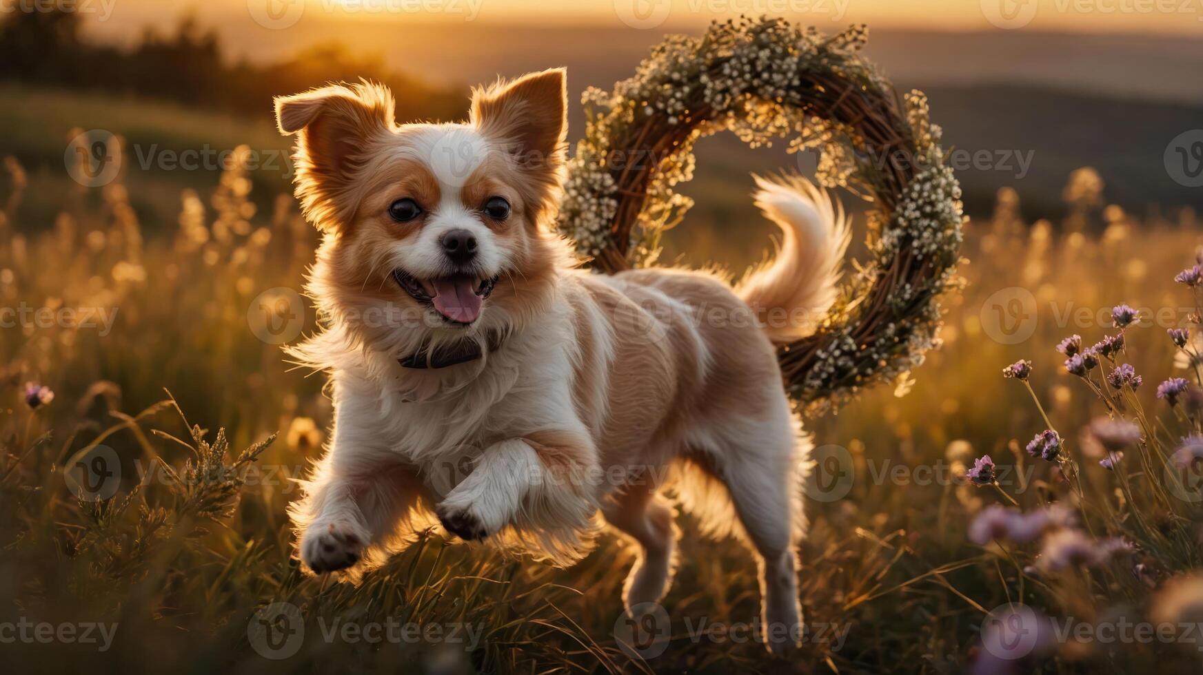 A joyful dog leaps through a field at sunset, framed by a floral wreath. photo