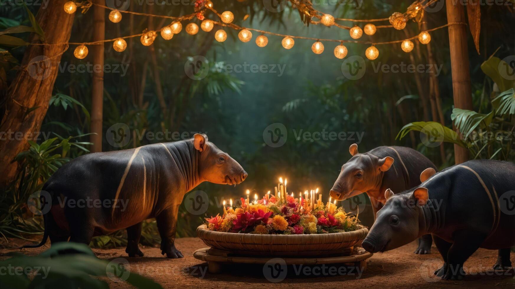 Three tapirs gathered around a floral arrangement with candles in a lush, illuminated setting. photo