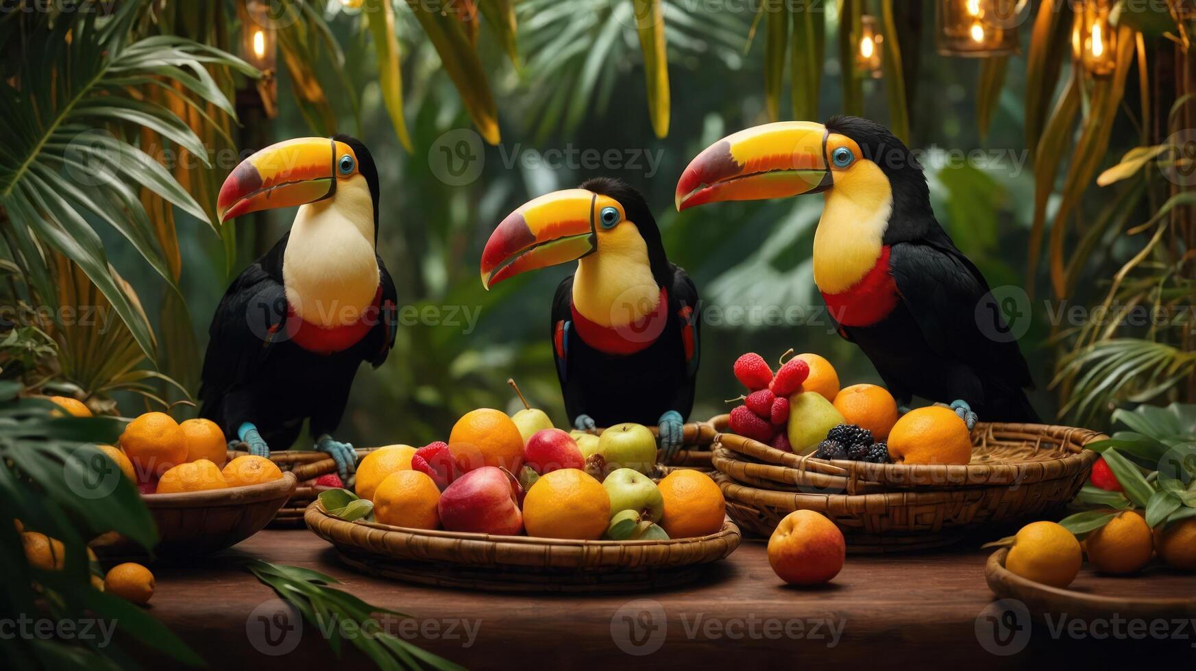 Three toucans surrounded by vibrant fruits in a lush, tropical setting. photo