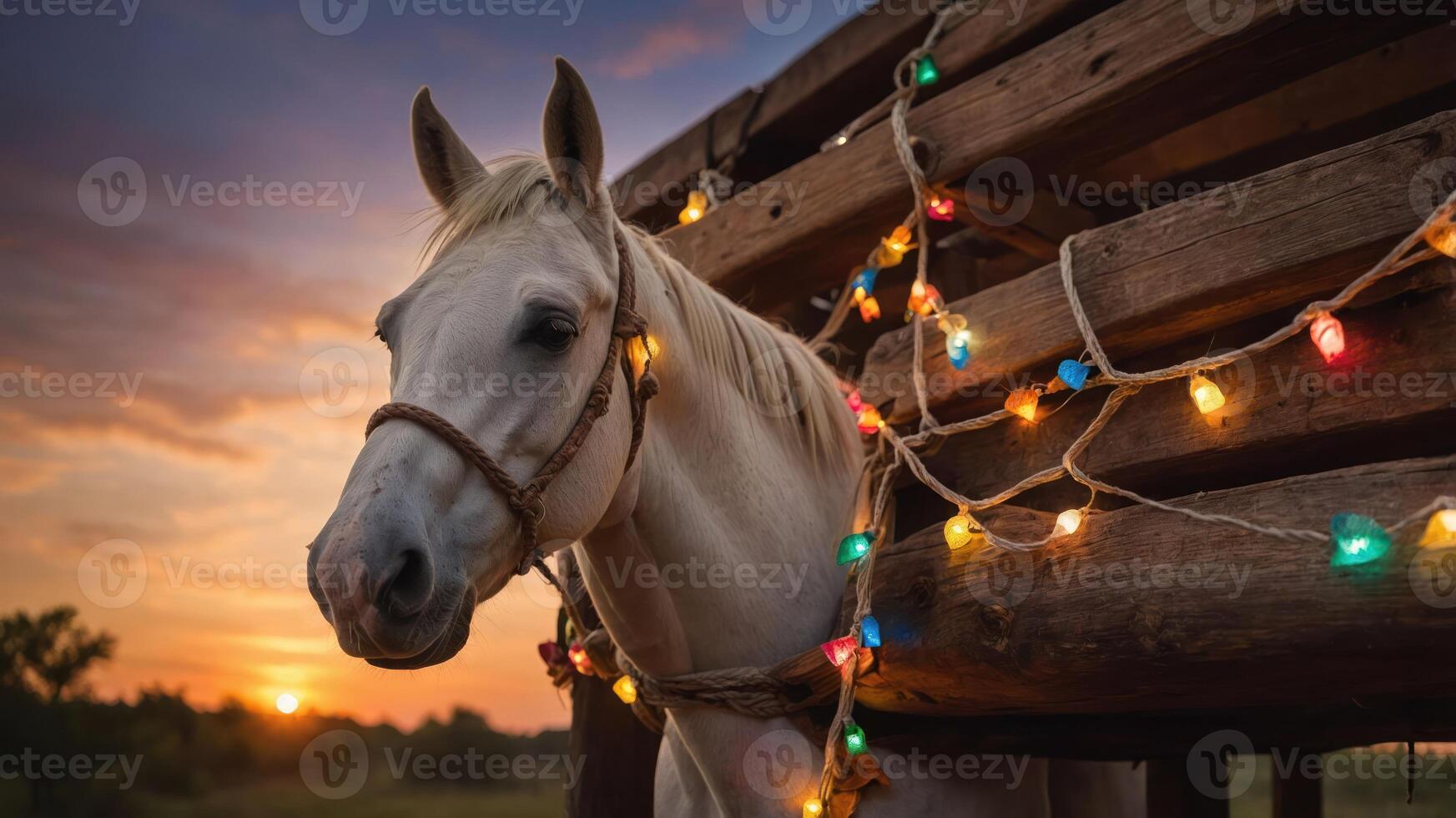 A white horse adorned with colorful lights stands against a sunset backdrop. photo