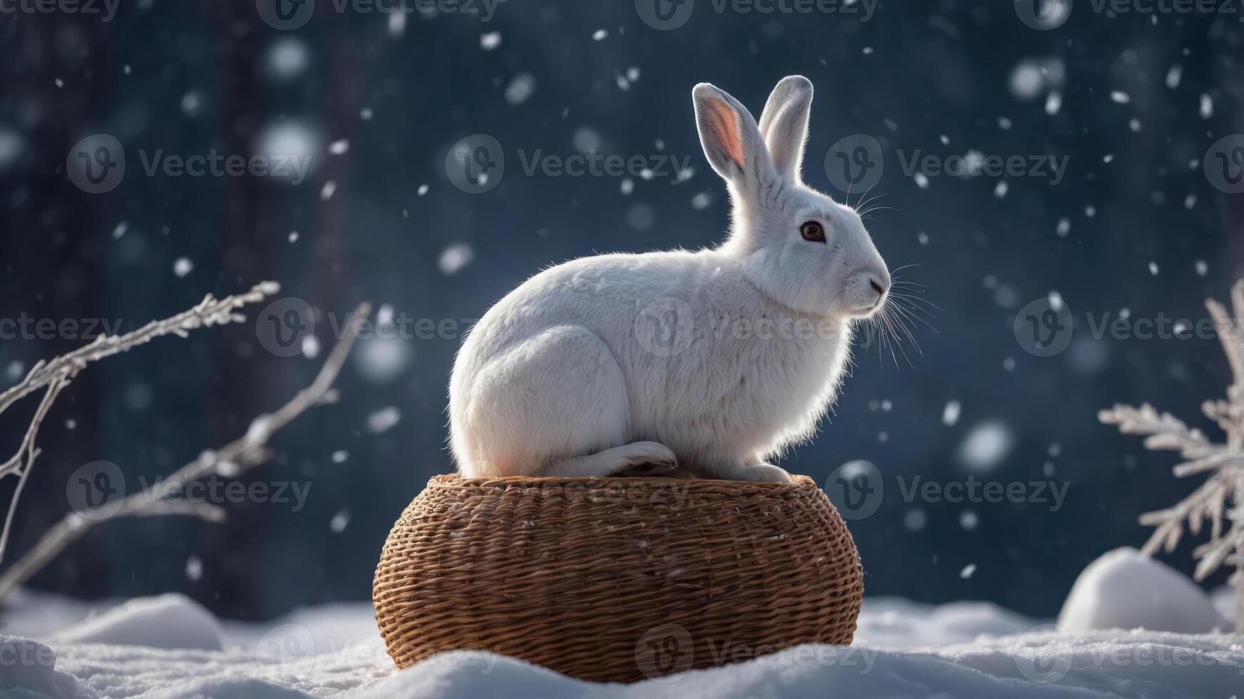 A serene white rabbit sitting on a woven basket in a snowy environment. photo
