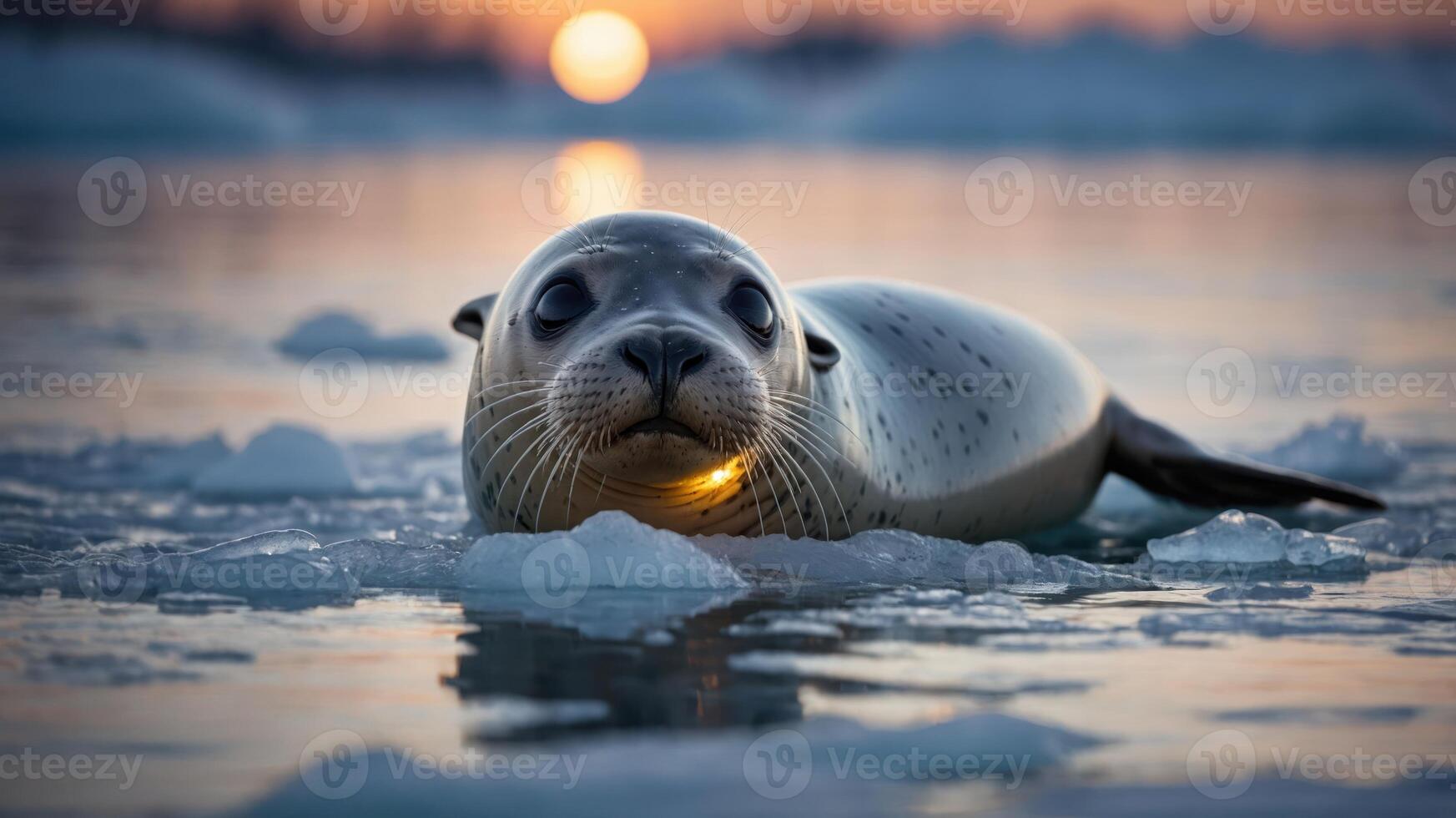 A seal rests on ice, illuminated by the soft glow of a sunset over a tranquil water surface. photo