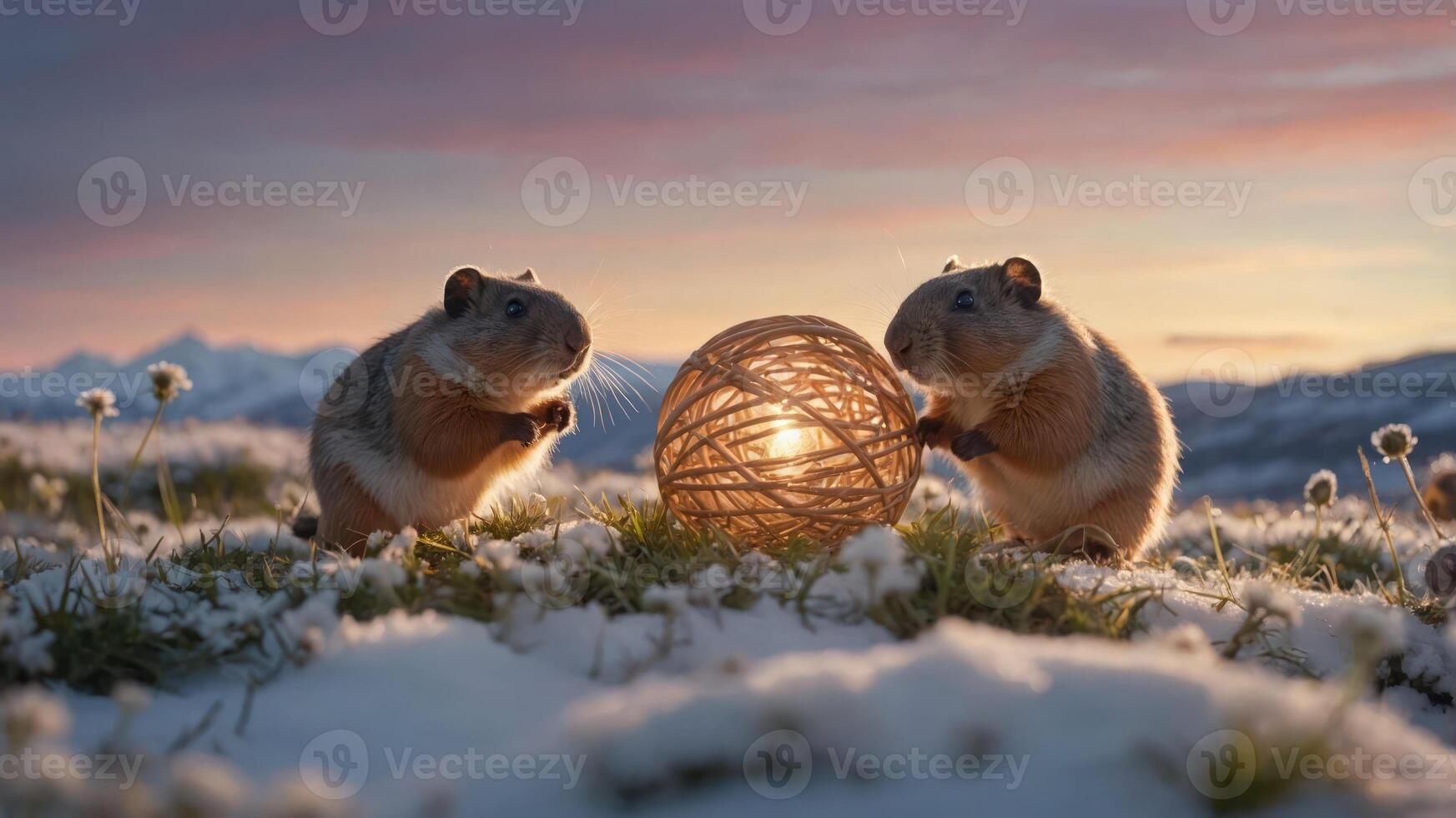 Two guinea pigs play with a glowing ball in a snowy landscape at sunset. photo