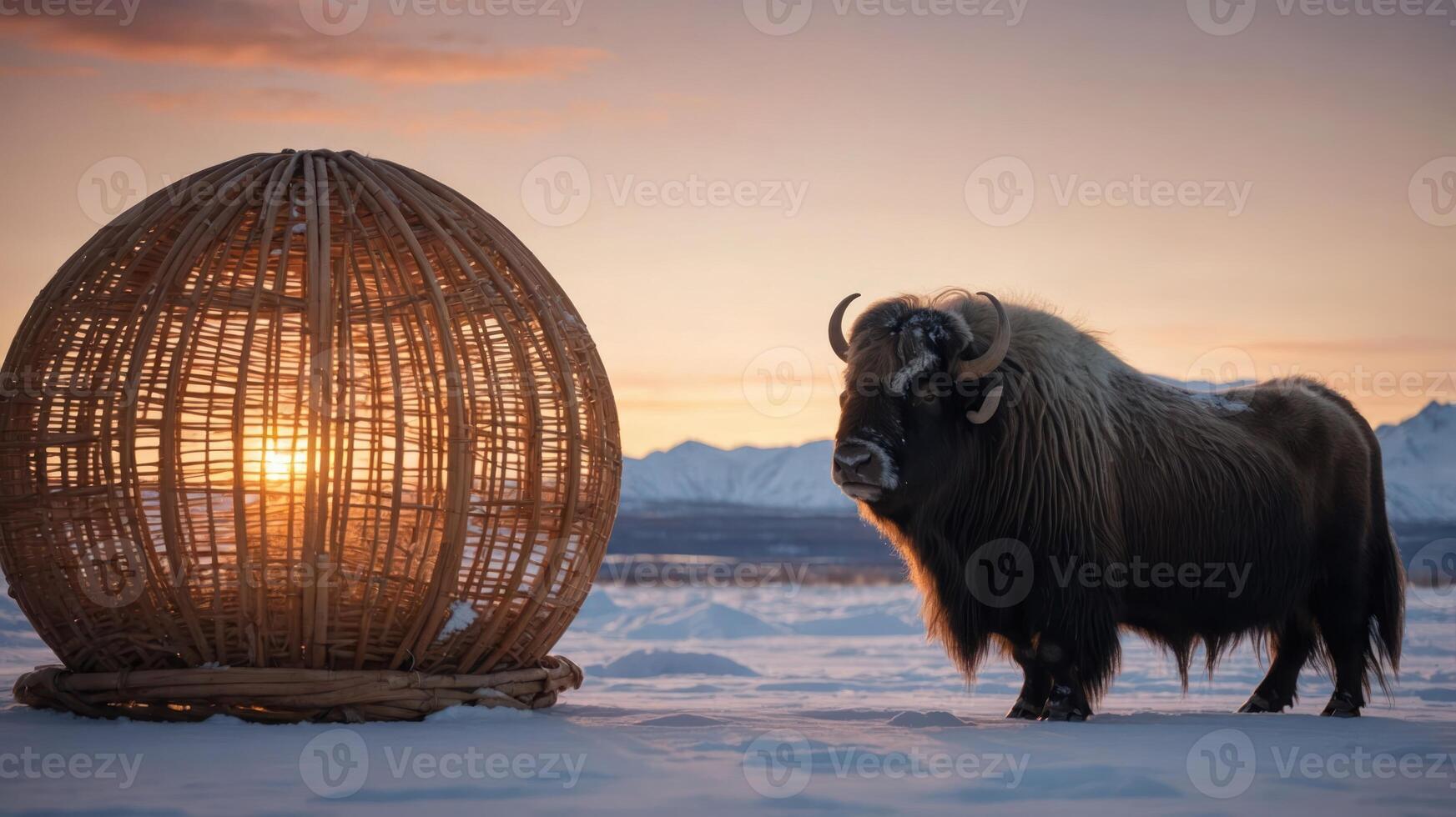 A musk ox stands beside a woven structure at sunset in a snowy landscape. photo