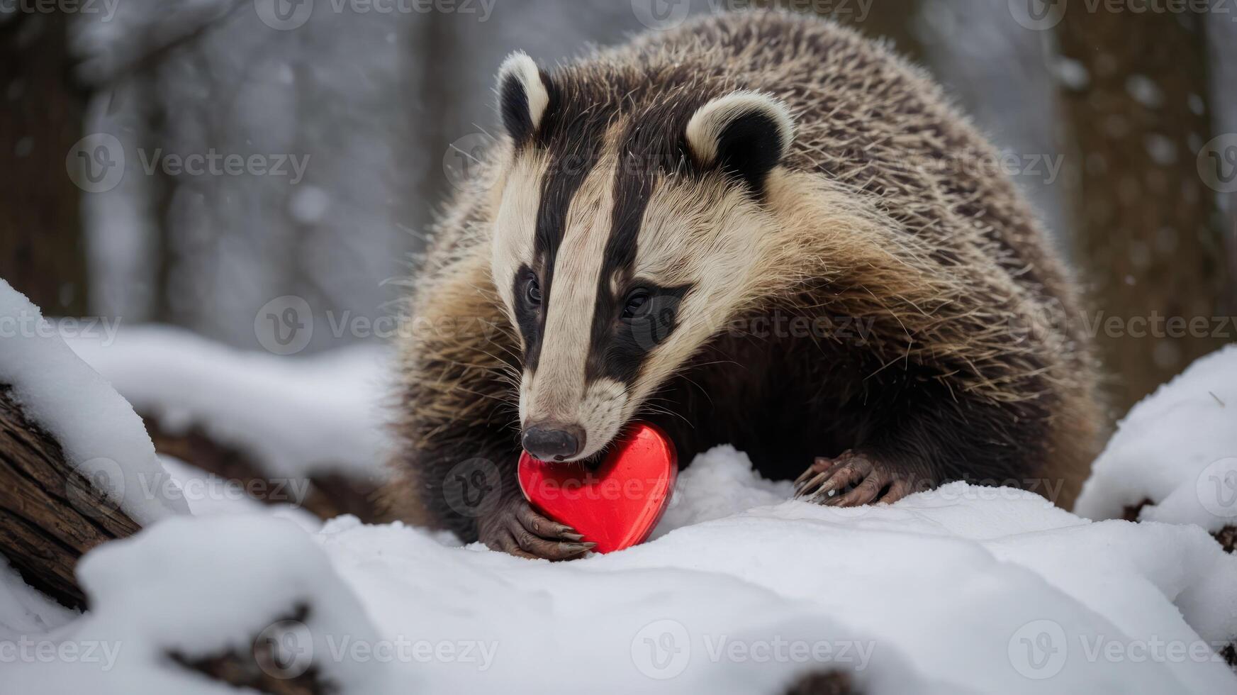 A badger playfully holds a red heart-shaped object in a snowy forest setting. photo