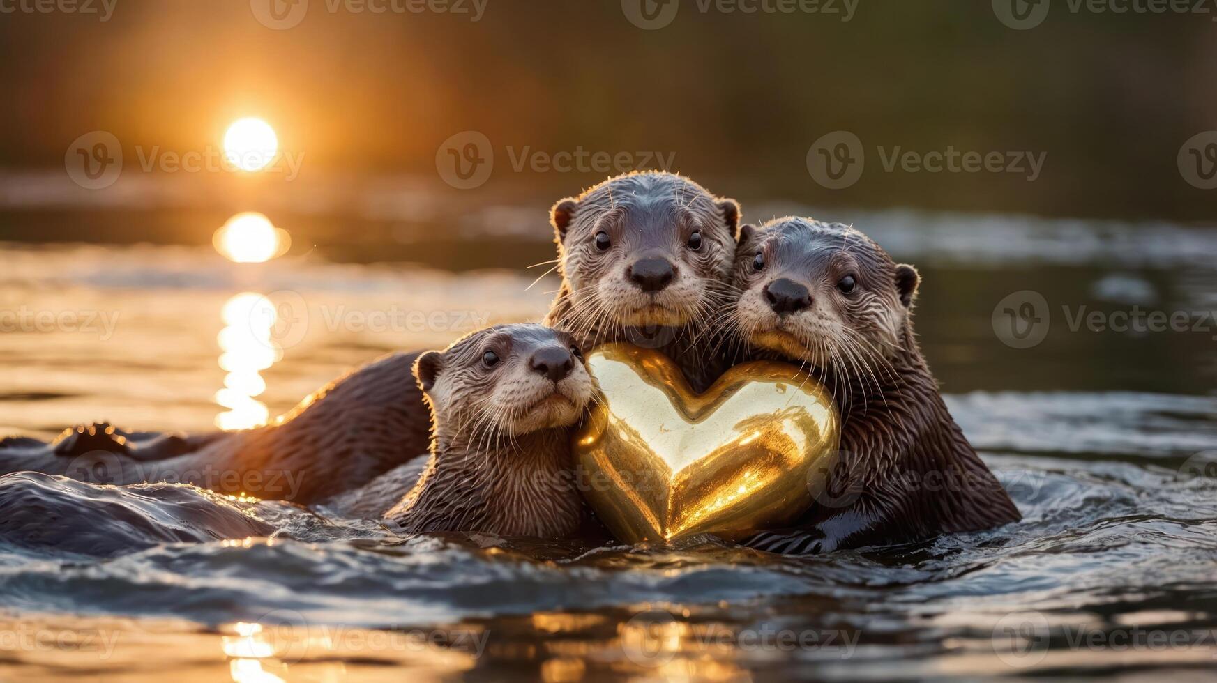 Three otters holding a golden heart in a serene water setting at sunset. photo