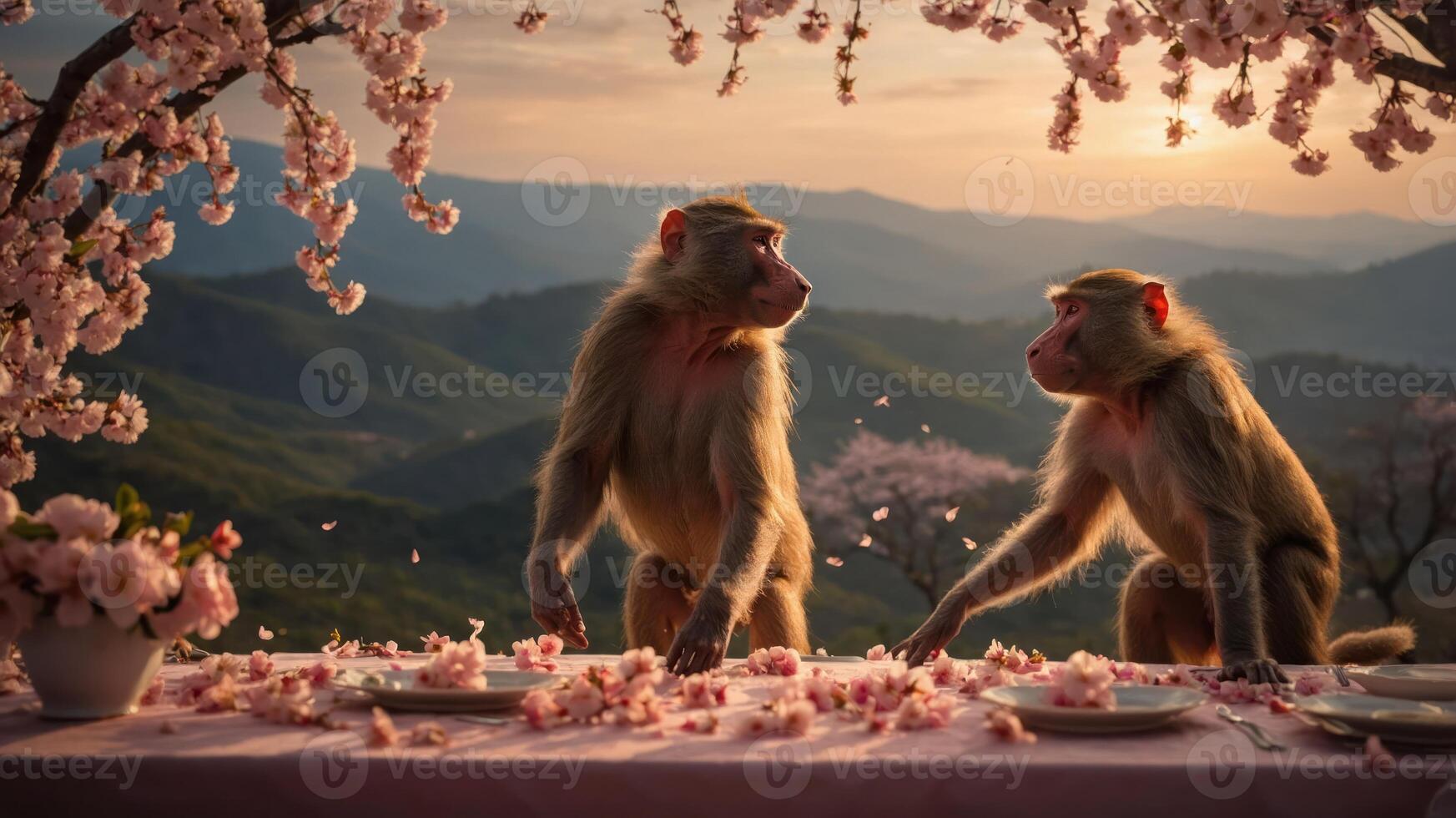 Two monkeys interact at a beautifully set table under cherry blossoms at sunset. photo