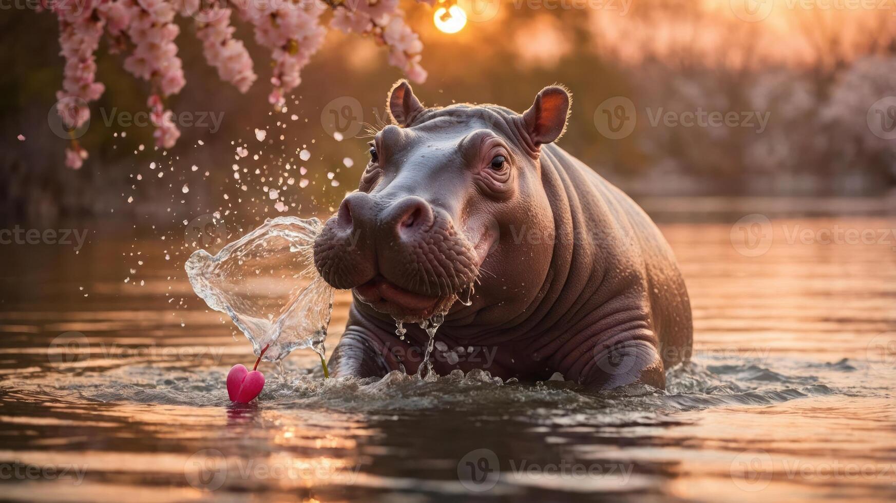 A playful hippopotamus splashes in a serene water setting during sunset. photo