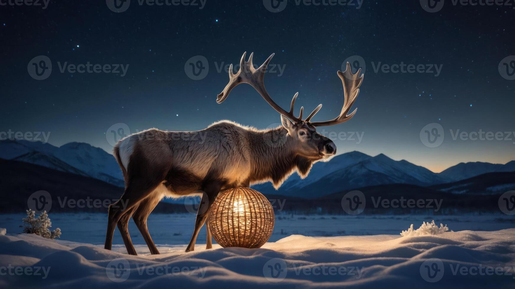 A reindeer stands beside a glowing orb in a snowy landscape under a starry sky. photo