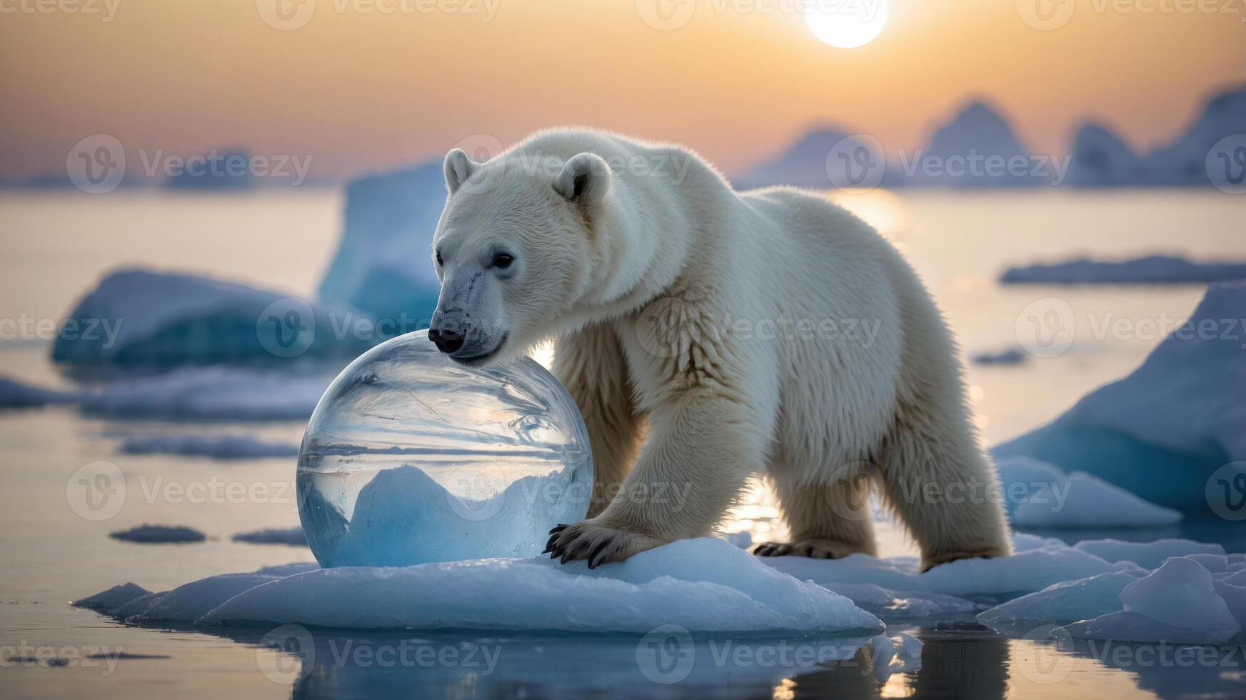 A polar bear interacting with a large ice sphere in a serene Arctic landscape at sunset. photo