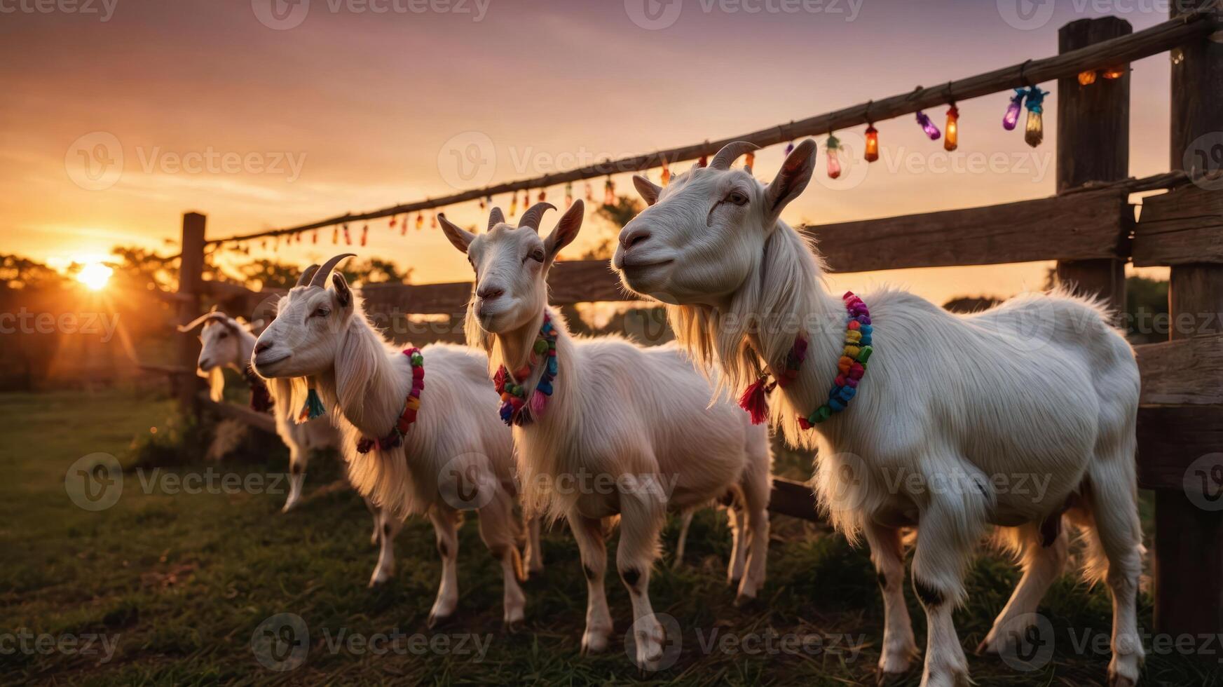 Five goats adorned with colorful necklaces stand by a fence at sunset. photo