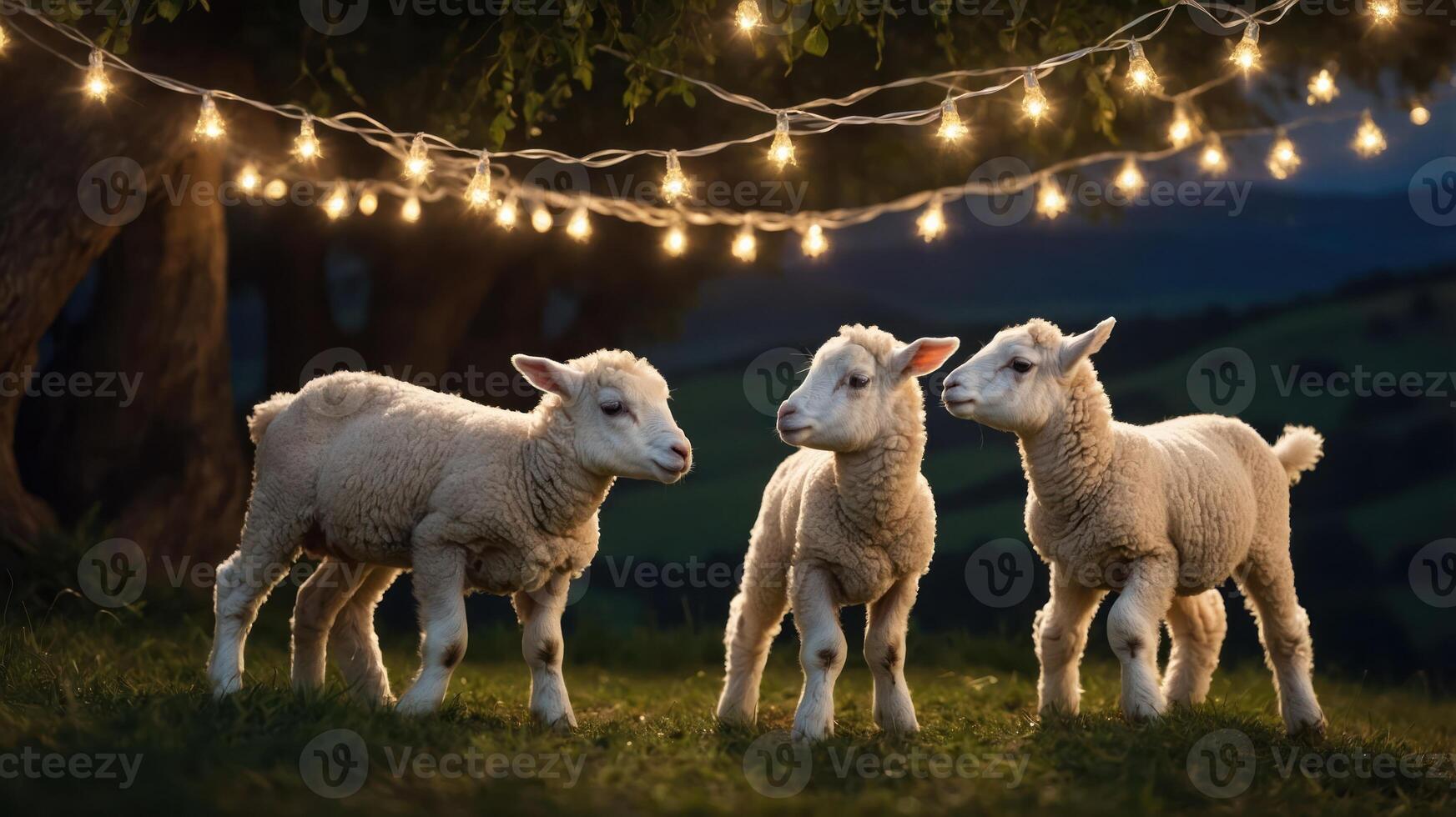 Three playful lambs under string lights in a serene landscape at dusk. photo