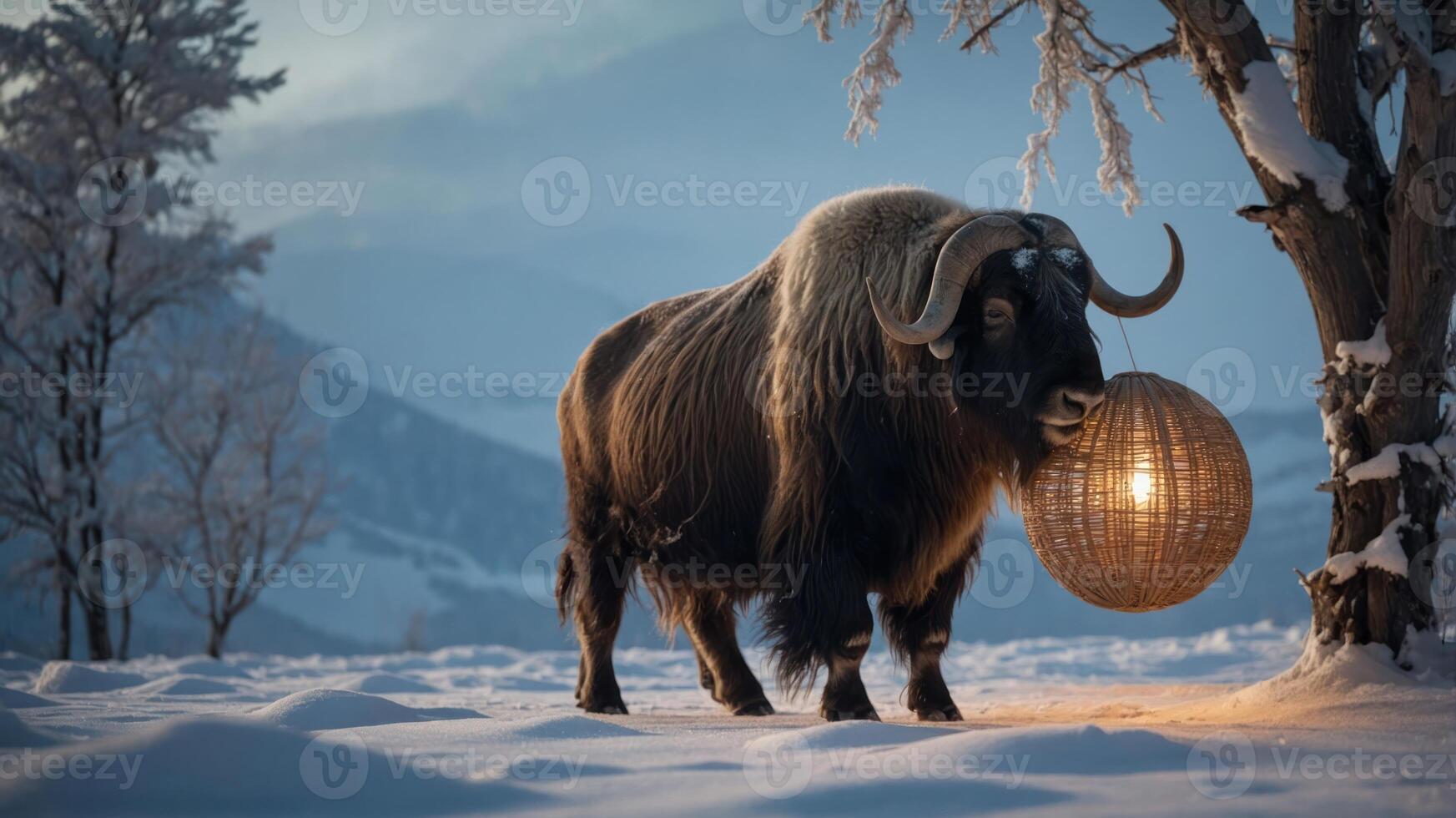 A musk ox stands in a snowy landscape, curiously examining a glowing lantern. photo