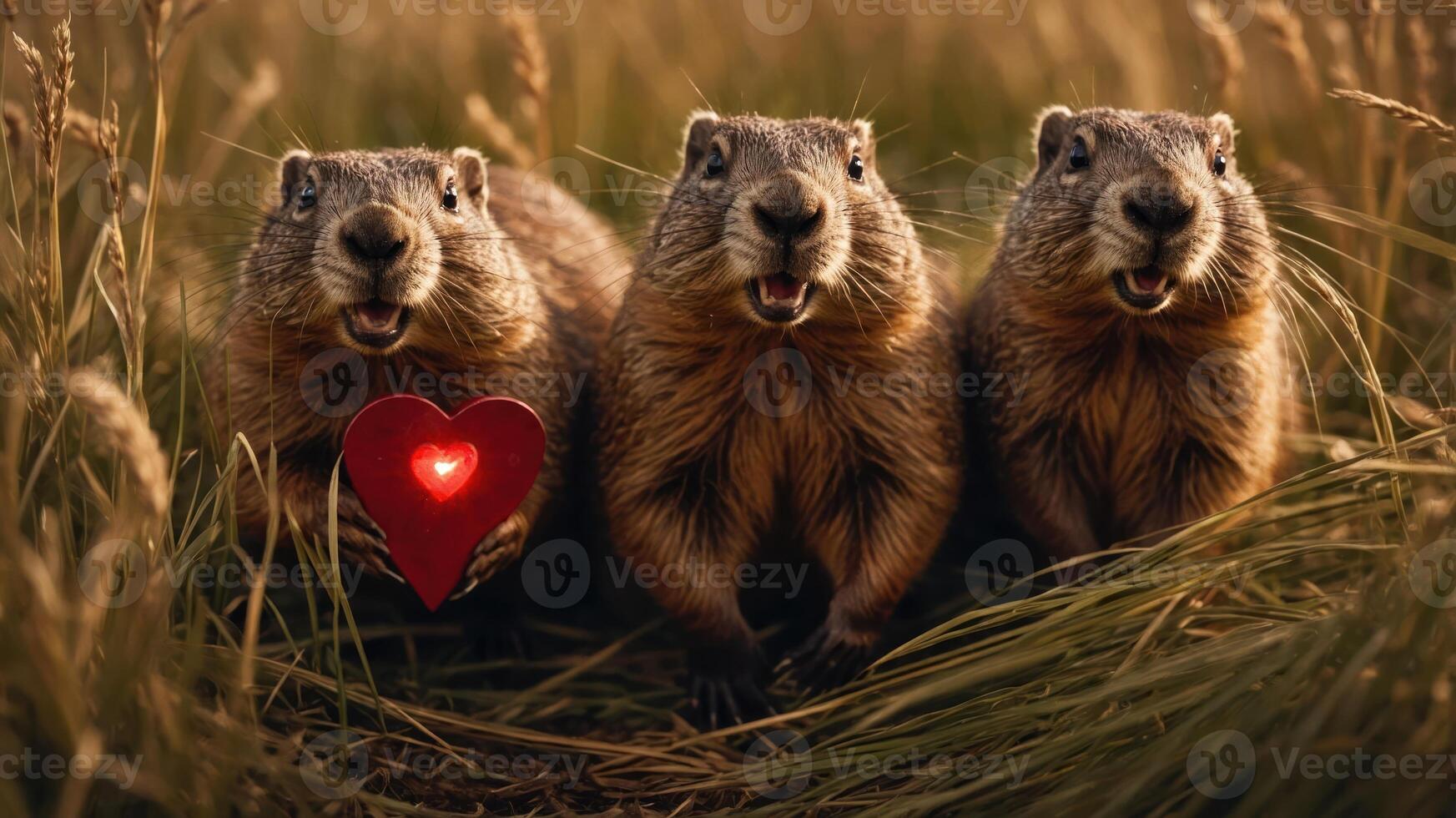 Three cheerful groundhogs hold a heart symbol in a grassy field, conveying love and joy. photo