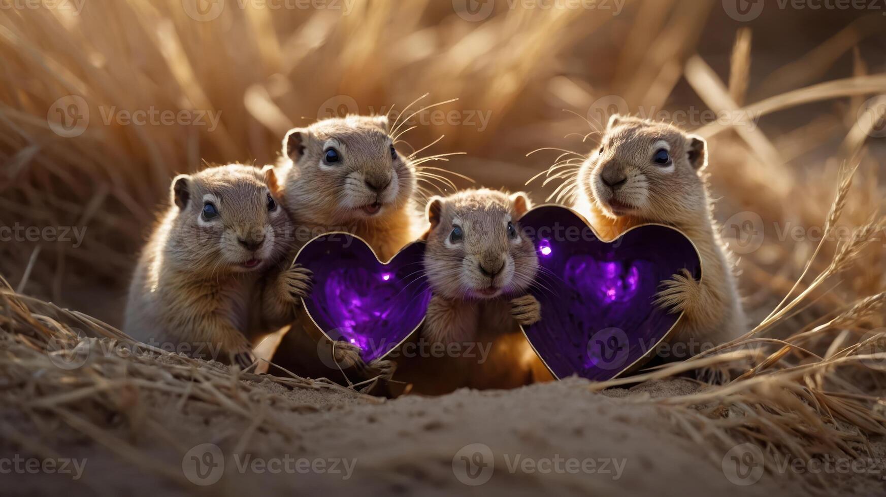 Four small animals holding purple heart-shaped objects in a sandy environment. photo
