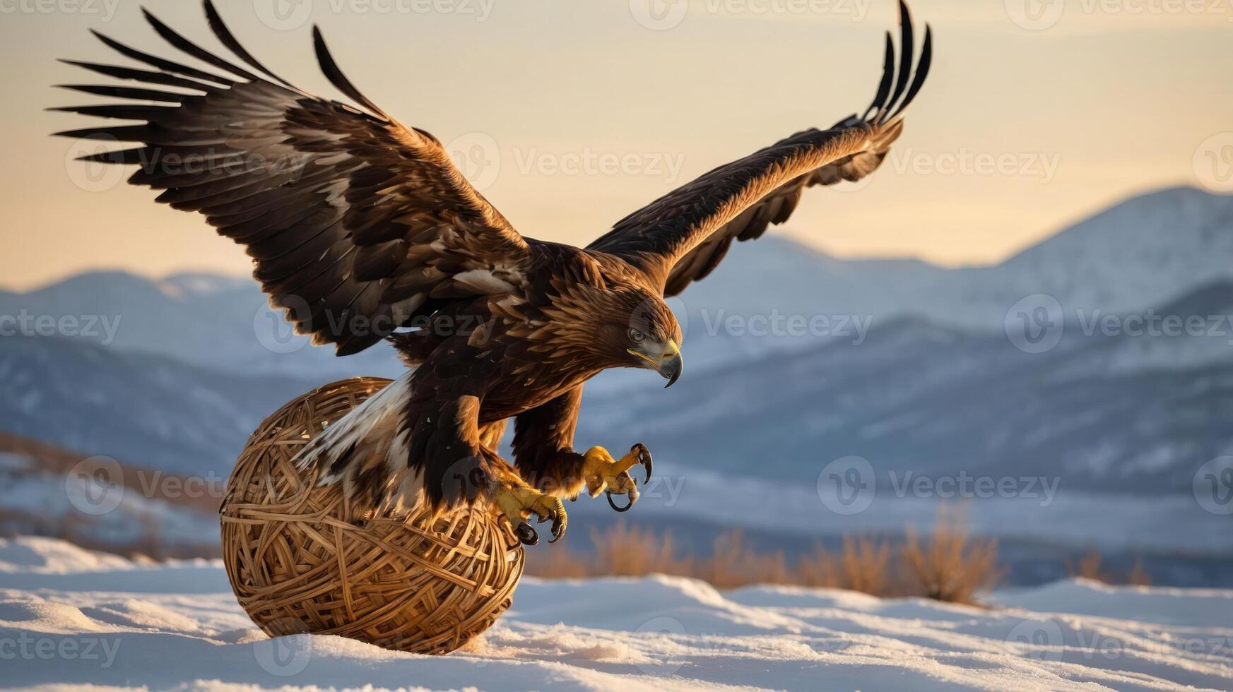 A majestic eagle landing on a large nest in a snowy landscape with mountains in the background. photo