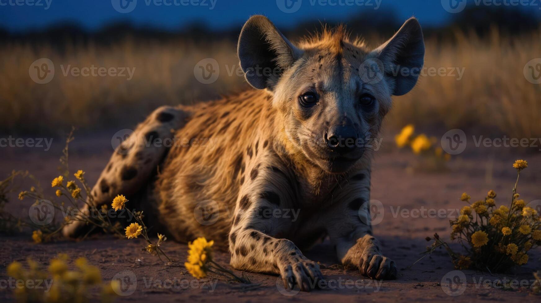 A hyena resting in a field of flowers during twilight, showcasing its unique features. photo